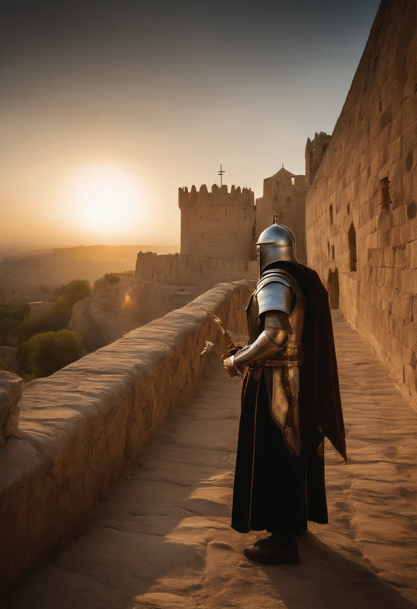 (holy grail:1.1),crusader alone in Jerusalem,long sword,warrior,medieval armor,cathedral,pilgrimage,sacred quest,decisive battle,ancient city,ancient ruins,cobblestone streets,sunlit alleys,flaming torches,sense of mystery,divine light,faith,valor,sacred journey,historical adventure,heroic deeds,epic battles,fierce determination,sacred artifacts,shimmering armor,victory and defeat,glorious triumph,castle walls,devotion,destiny,epic quest,reverence,hallowed ground,ancient wisdom,unwavering devotion,sunrise over the horizon,ethereal atmosphere,heavenly splendor,otherworldly presence,majestic beauty.
