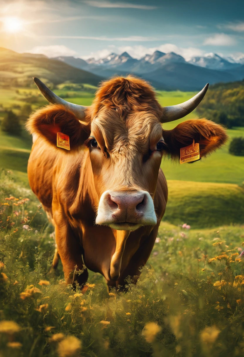 (Stunning shots),Lone cow, Detailed fur, Majestic trumpet, Serene gaze, breathtaking landscape, Vibrant colors, Natural lighting, A high resolution, capturing moments, National Geographic style, Silhouette of a cow, prime time, tranquil ambiance, Picturesque scenery