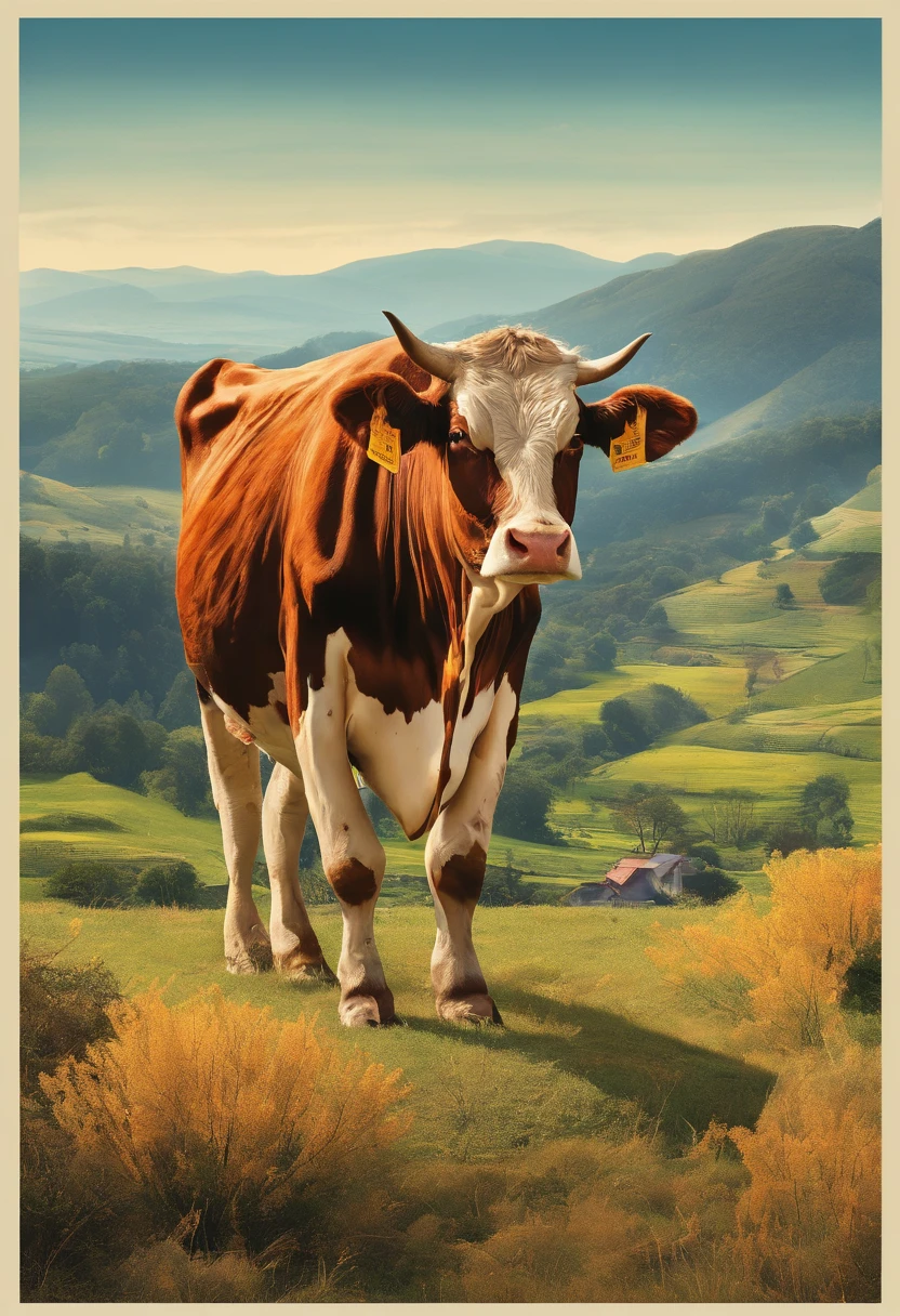 (Stunning shots),Lone cow, Detailed fur, Majestic trumpet, Serene gaze, breathtaking landscape, Vibrant colors, Natural lighting, A high resolution, capturing moments, National Geographic style, Silhouette of a cow, prime time, tranquil ambiance, Picturesque scenery