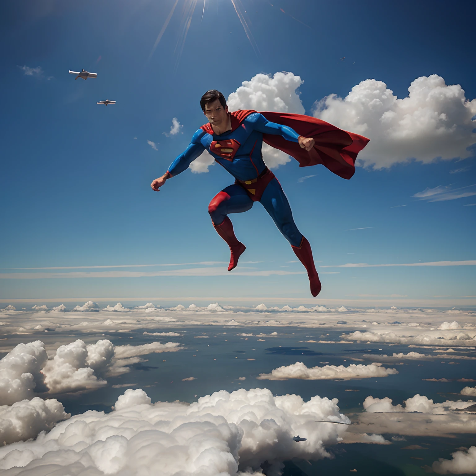 Superman flying in the clouds chasing a missile
