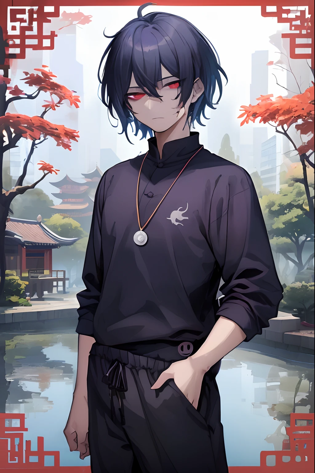 Man, 20 anos, corte de cabelo bob, cabelos azuis, messy hair, olhos vermelhos, Dark circle under the eyes, detailed eyes, 4k, Jujutsu Kaisen Artsyle, Colar Ying Yang, camisa roxa, azul, sweatpants, Preto grande, em um jardim, 4k, Lago ao fundo, Chinese trees