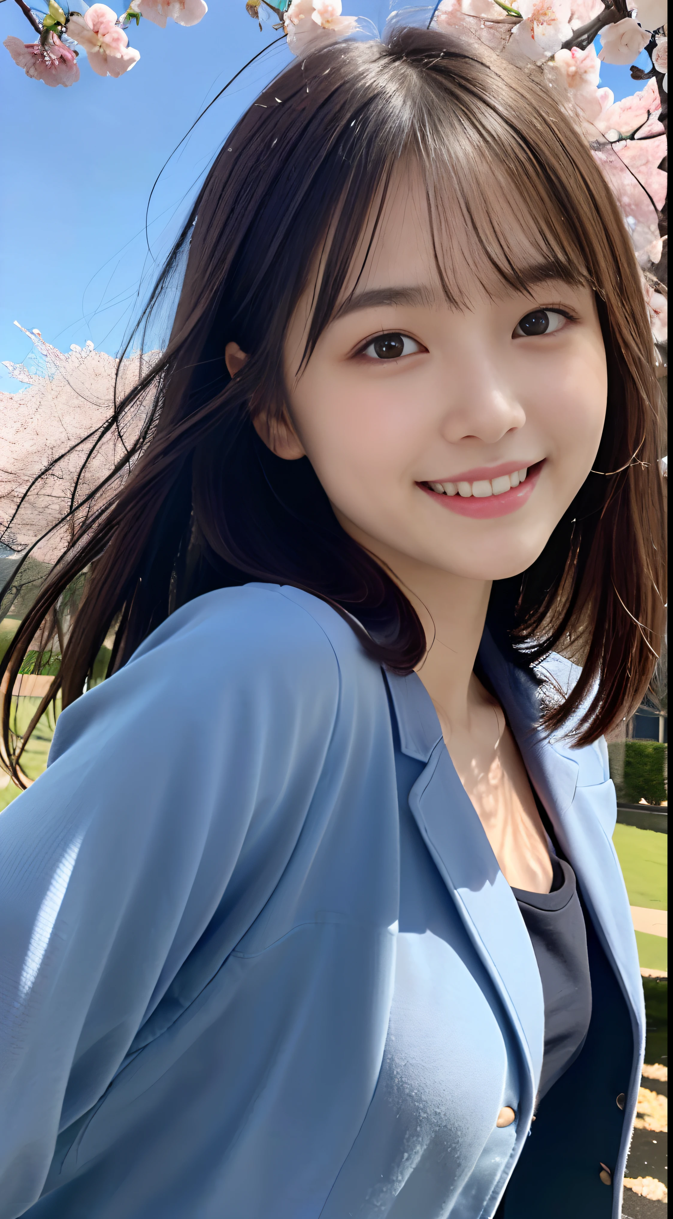 (Close-up portrait of a girl with thin small breasts and long hair with dull bangs on jacket and shirt:1.5)、(Dancing with a smile、Girl with hair blowing in the wind :1.5)、(Blue sky and cherry blossoms in full bloom:1.5)、(cleavage of the breast:1.1)、(Perfect Anatomy:1.3)、(No mask:1.3)、(complete fingers:1.3)、Photorealistic、Photography、masutepiece、top-quality、High resolution, delicate and pretty、face perfect、Beautiful detailed eyes、Fair skin、Real Human Skin、((thin legs))、(Dark hair)