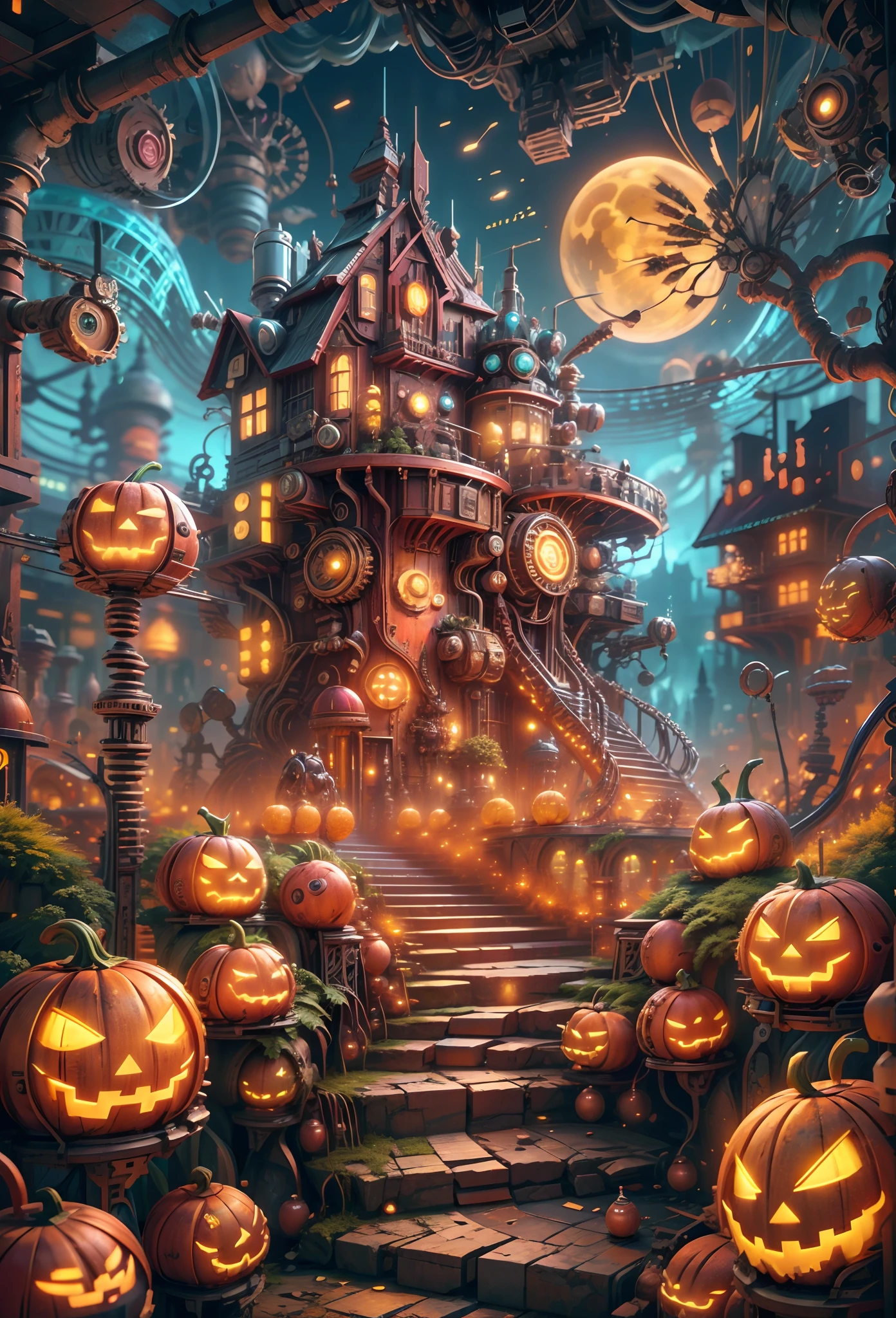 (Best quality, 8K,A high resolution,Masterpiece:1.2),Ultra-detailed),Futuristic robot pumpkin monster,full bodyesbian,colorful neon,High-tech mechanical parts,Metal hats are very cool,Metal legs,Bionic eye,Detailed feather design,sharp beak,hovers in mid-air,Electric blue and bright purple,Vivid glowing eyes,Reflective metal surface,Gloomy environment,Dynamic pose,imposing presence,Technological progress,Interlocking mechanical gears,Dynamic and stylish design,motion blur effect,meticulous craftsmanship,Sci-fi atmosphere,Streamlined aerodynamic shape,Laser scanning pattern,holographic projections,Light-emitting circuit lines,hauntingly beautiful,Otherworldly precision,Advanced sensors,Complex algorithms,Ominous and mysterious atmosphere,electric sparks,Shiny chrome plating,Futuristic propulsion system, meccog
cog