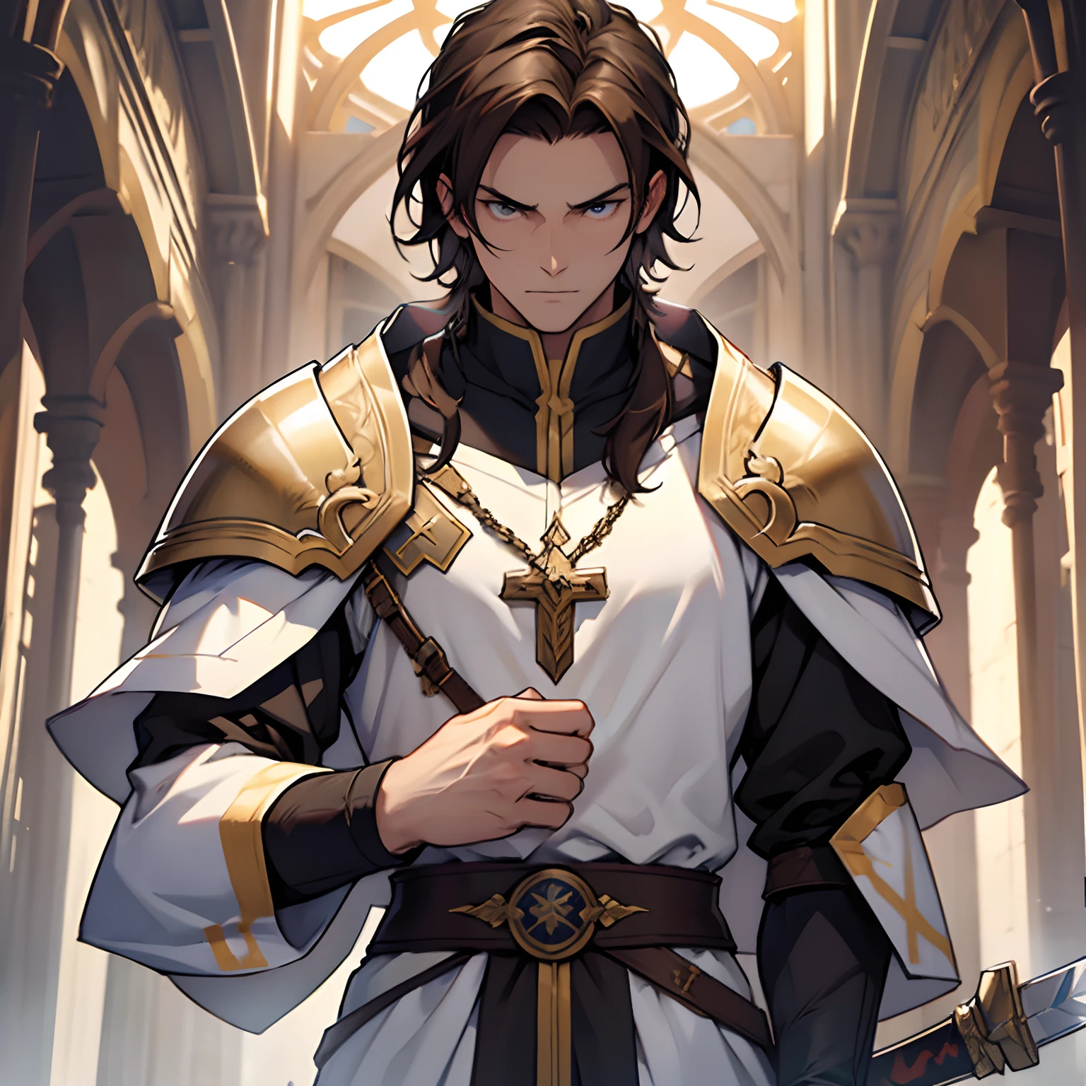 male in his 20s、Brown hair、Paladin、clergyman、The sword、White monastic vestments、plate armor、Cool、skinny、cold stare、strong con、