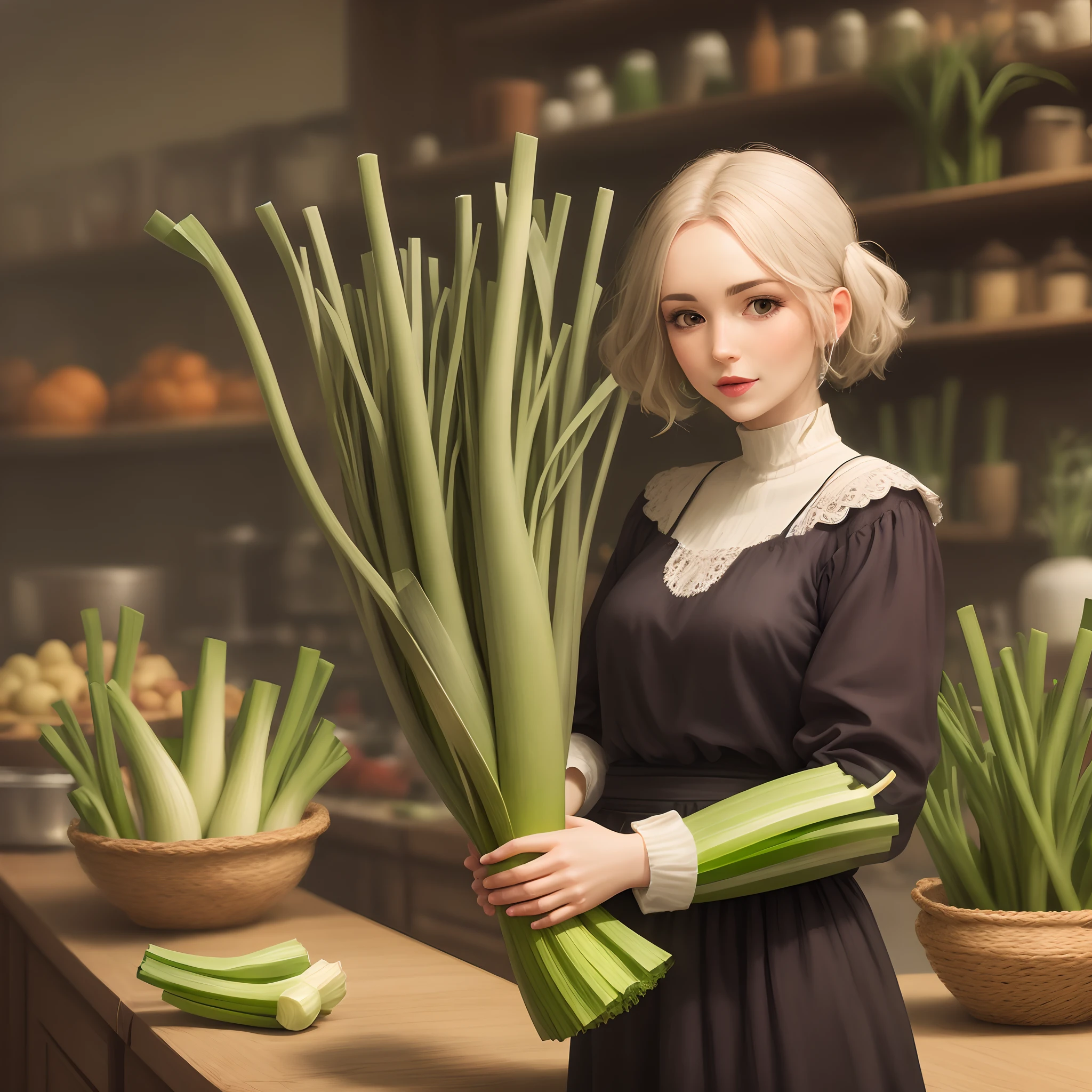 Woman holding a leek behind Avec