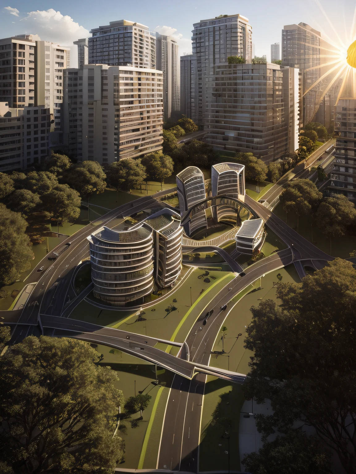An urban area, with high-rise buildings, pedestrian bridges, townhouses, villas, a river passing through the land, parks, trees, clear roads, bustling vehicles, beautiful lighting, true, afternoon sun