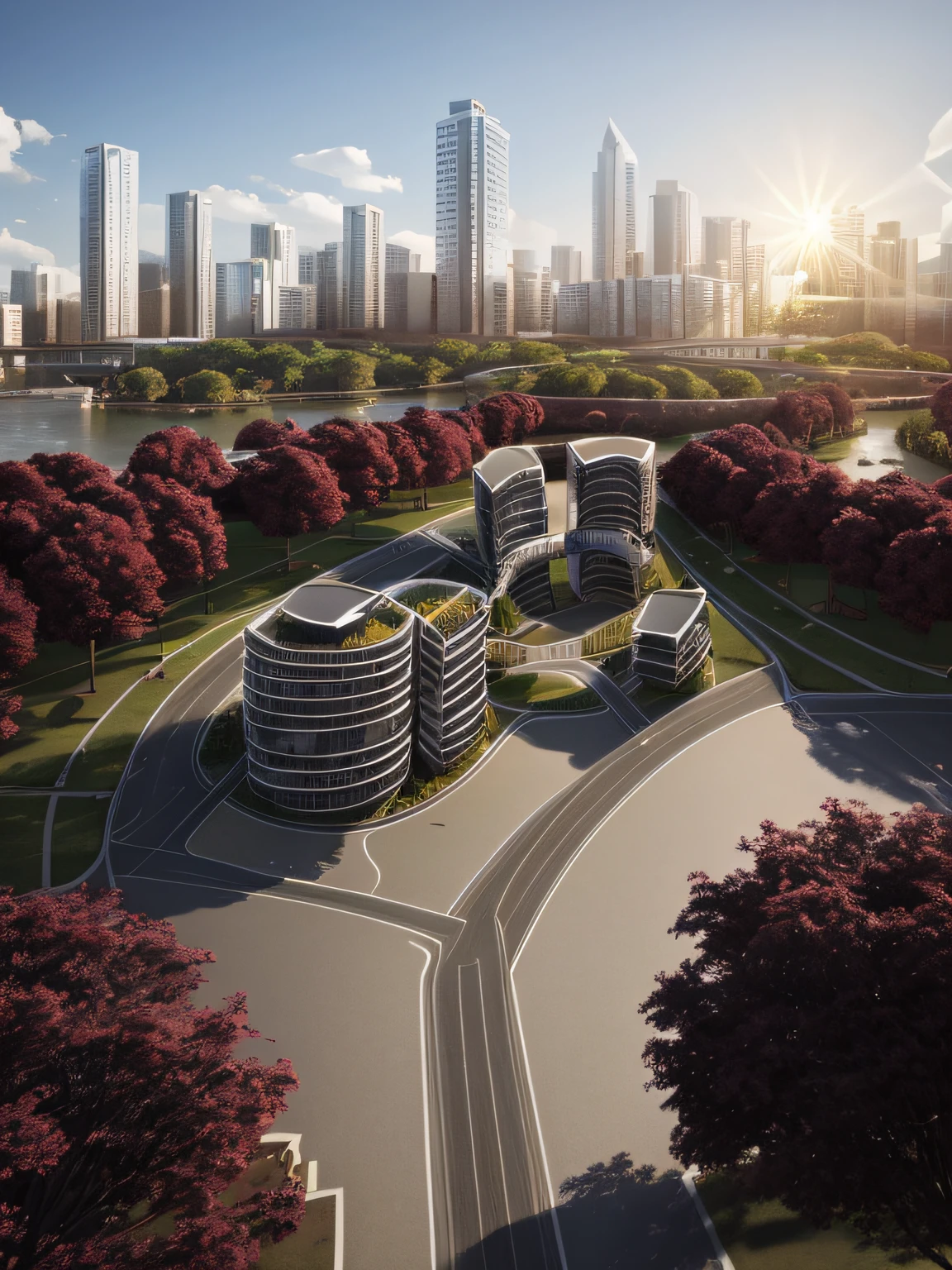 An urban area, with high-rise buildings, pedestrian bridges, townhouses, villas, a river passing through the land, parks, trees, clear roads, bustling vehicles, beautiful lighting, true, afternoon sun