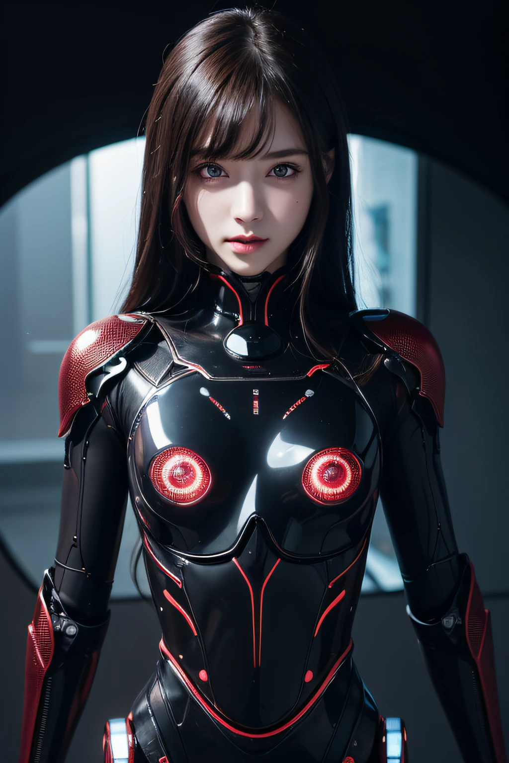8K, Dark_Fantasy, Delicate face, (Delicate glass pupils: 1.5), Standing Body Portrait, One eye is black, One eye is red, 1 person, Miracle of the machine, Robot Presence