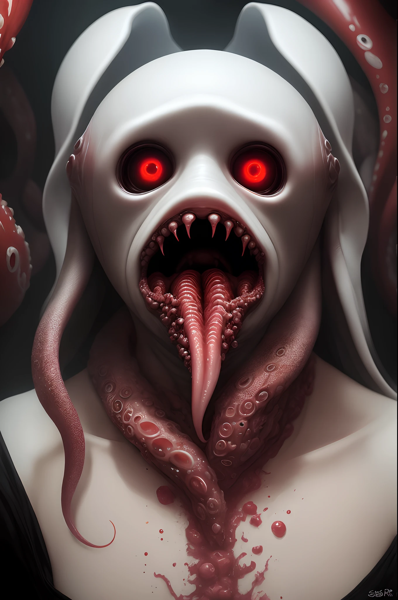 A hideous fusion of human and squid, tentacle mouth, glowing white eyes, eyes, dystopian, seb mckinnon, h.r. giger,