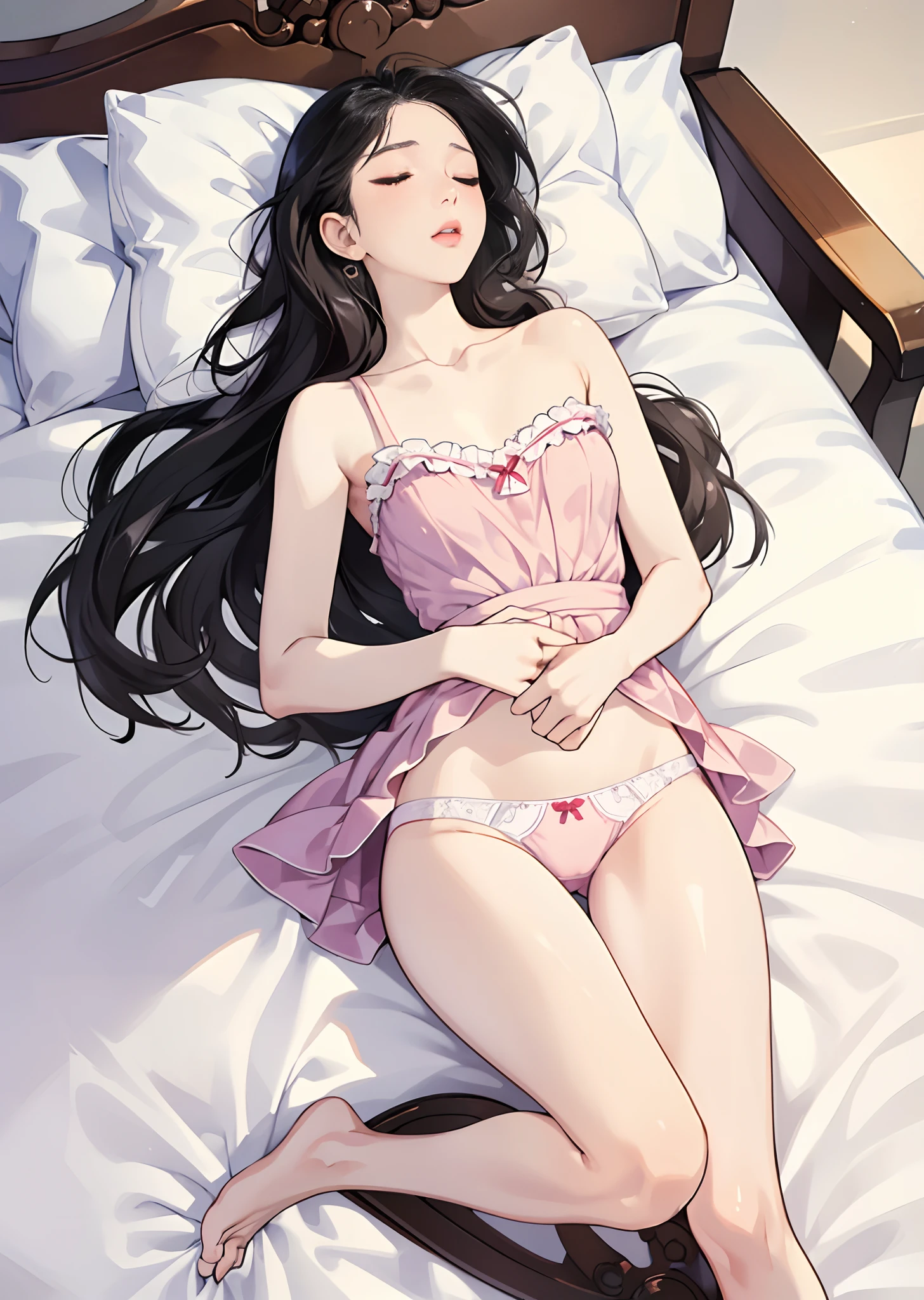 masterpiece, bset quality, realistic, 1girl, (PureErosFace_V1:0.7), (8k, best quality), camisole, panties, unconscious, closed eyes, sleeping, full body,
