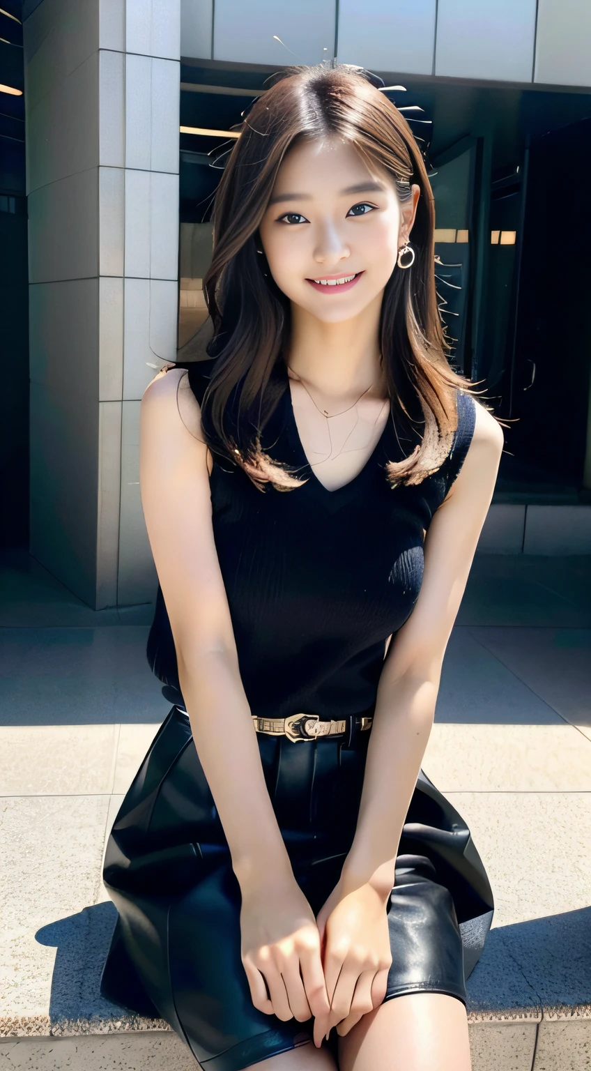 a beautiful black woman with long braided hair, hazel colored eyes, looking at viewer, smile with teeth, wearing a red shirt and black hot pants with a black necklace, gazing softly at the viewer, standing on a beautiful beach background, (best quality,4k,8k,highres,masterpiece:1.2),ultra-detailed,(realistic,photorealistic,photo-realistic:1.37),natta,HDR,UHD,studio lighting,ultra-fine painting,sharp focus,physically-based rendering,extreme detail description,professional,vivid colors,bokeh
