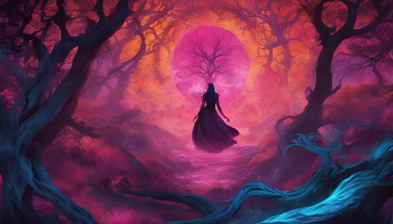 (a blue-haired demon woman,spells:1.1,glowing:1.1)(illustration)(best quality,ultra-detailed,realistic:1.37),demonic witch(demonic:1.1)(magic:1.1)(forest)(dark and mysterious,ominous atmosphere),casting powerful spells,creating magical energy(magic:1.1),vibrant pink hair(swirling pink hair)(flowing pink hair),horns(devil horns:1.1),piercing red eyes,enchanted scepter(magical scepter),elaborate dark robe,glowing magical sigils,fiery embers swirling(magical embers:1.1)(glowing embers),magical aura(glowing aura),eerie shadows,otherworldly presence(presence),sinister smile,nightfall in the background(dark night:1.1)(moonlit forest),lush and dense foliage(twisted trees)(mystical plants:1.1),mystical particles(swirling particles)(floating particles),ethereal glow(ethereal:1.1)(soft glow),faint moonlight breaking through the trees,haunting and captivating(scary atmosphere),bewitching beauty,wide range of colors(vivid colors)(contrasting colors),mystical realm,impressive details,dynamic composition,mesmerizing artwork,photorealistic style(picasso style),impressive shading and lighting,explosive energy,magical atmosphere(fantasy atmosphere),dreamlike scene