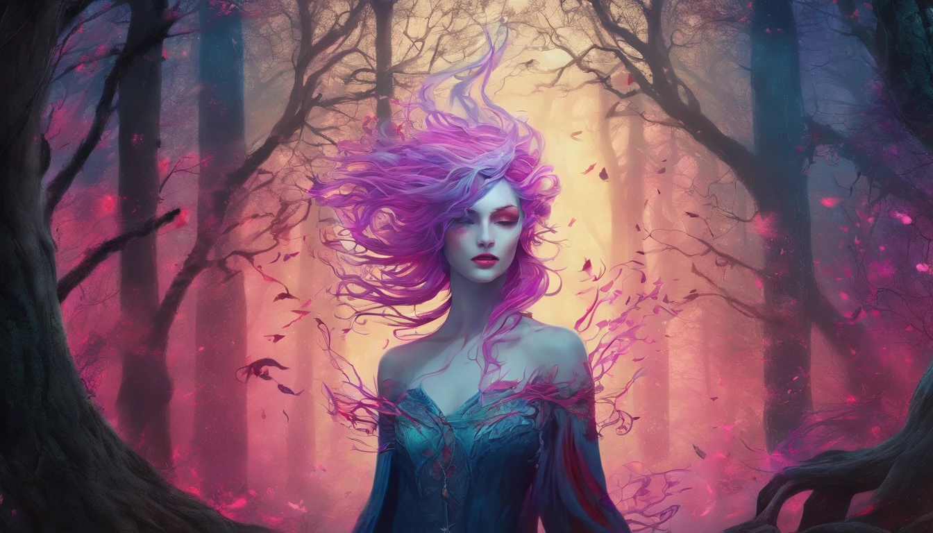 (a blue-haired demon woman,spells:1.1,glowing:1.1)(illustration)(best quality,ultra-detailed,realistic:1.37),demonic witch(demonic:1.1)(magic:1.1)(forest)(dark and mysterious,ominous atmosphere),casting powerful spells,creating magical energy(magic:1.1),vibrant pink hair(swirling pink hair)(flowing pink hair),horns(devil horns:1.1),piercing red eyes,enchanted scepter(magical scepter),elaborate dark robe,glowing magical sigils,fiery embers swirling(magical embers:1.1)(glowing embers),magical aura(glowing aura),eerie shadows,otherworldly presence(presence),sinister smile,nightfall in the background(dark night:1.1)(moonlit forest),lush and dense foliage(twisted trees)(mystical plants:1.1),mystical particles(swirling particles)(floating particles),ethereal glow(ethereal:1.1)(soft glow),faint moonlight breaking through the trees,haunting and captivating(scary atmosphere),bewitching beauty,wide range of colors(vivid colors)(contrasting colors),mystical realm,impressive details,dynamic composition,mesmerizing artwork,photorealistic style(picasso style),impressive shading and lighting,explosive energy,magical atmosphere(fantasy atmosphere),dreamlike scene