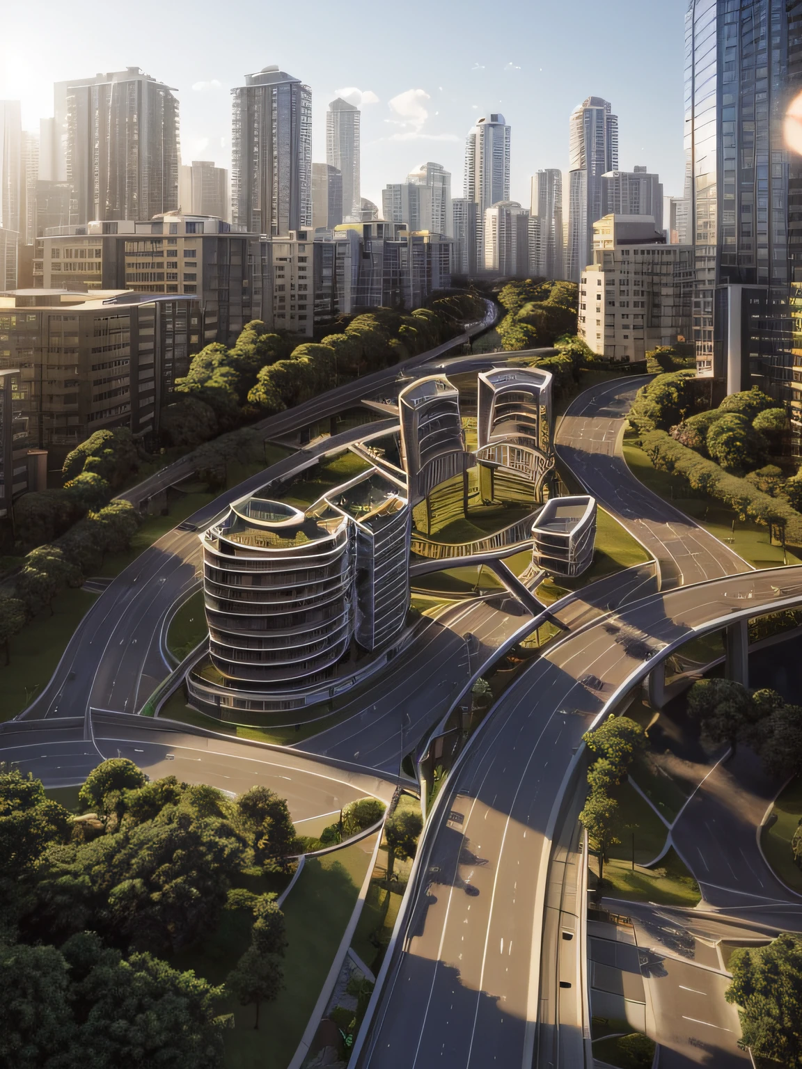 An urban area, with high-rise buildings, pedestrian bridges, townhouses, villas, a river passing through the land, parks, trees, clear roads, bustling vehicles, beautiful lighting, true, afternoon sun