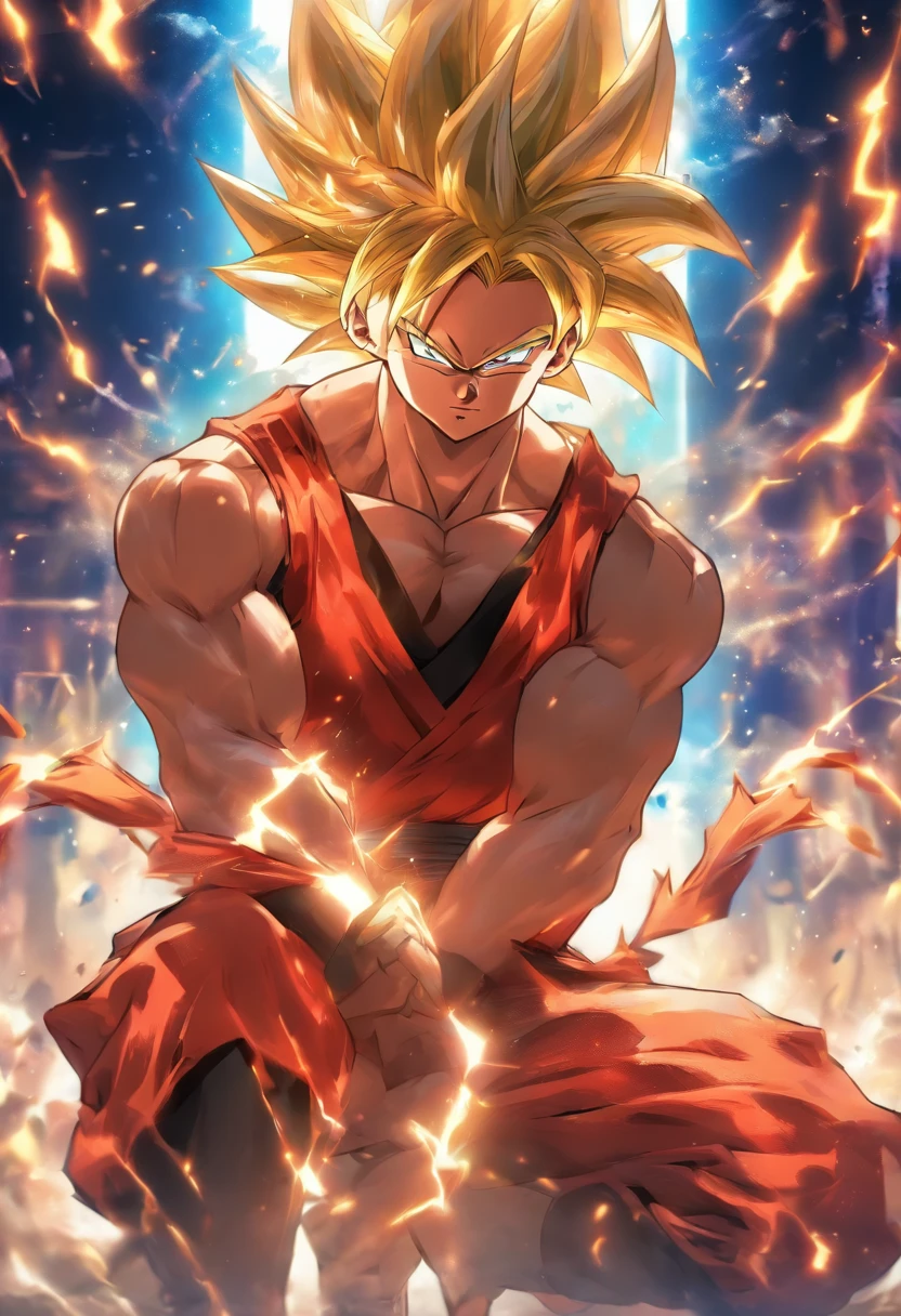 One Boy,Cool Boy, Young boy,Male body,macho, ,Super Saiyan 3, Red Jockstrap,toppless, Sweat vapor, embarrassed,blush,Parted lips, Kneeling,双臂在头后, Full body, Bondage,BDSM, Collar,noose,chain, Crow Stage,stage.head shot