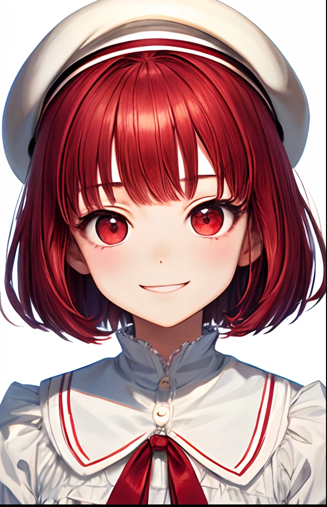 girl with、No background、without background、Background through、Red-haired、Red hair、short-cut、bob cuts、Subject bangs、Aligned bangs、Sareme、drooping eyebrows、Red eyes、Red eyes、White uniform、White Lolita Fashion、Onepiece、beret、White beret、Striped ribbon、A smile、kawaii、without background