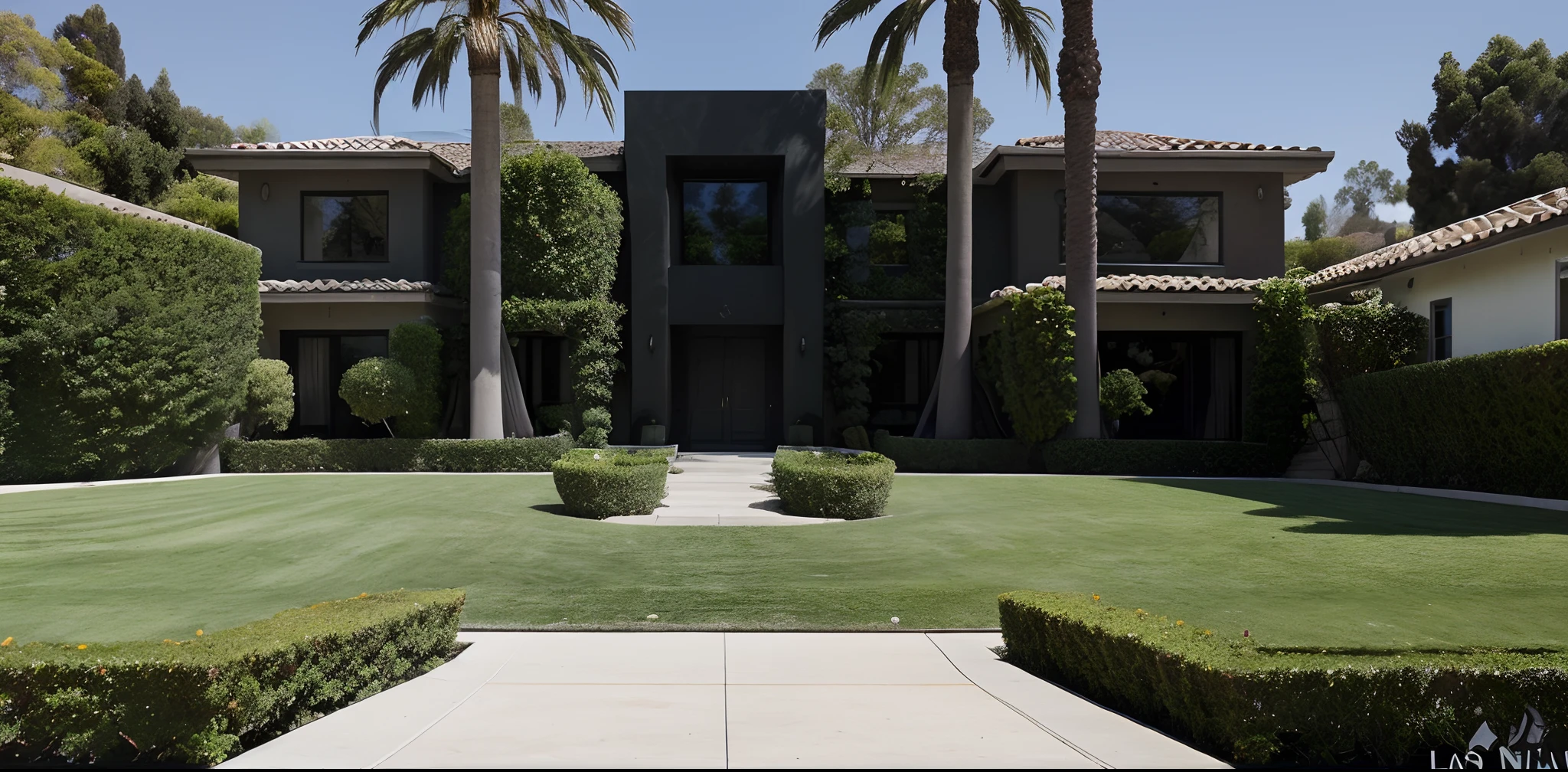 black modern mansion in Los Angeles, Bel-Air In a sunny day