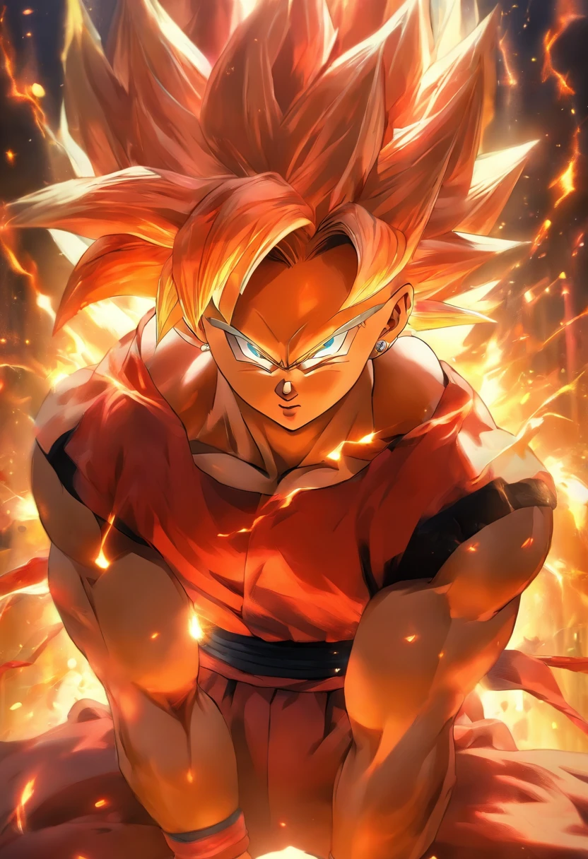 One Boy,Cool Boy, Young boy,Male body,macho, ,super saiyan３, Red Jockstrap,toppless, Sweat vapor, embarrassed,blush,Parted lips, Kneeling,双臂在头后, Full body, Bondage,BDSM, Collar,noose,chain, Crow Stage,stage.head shot