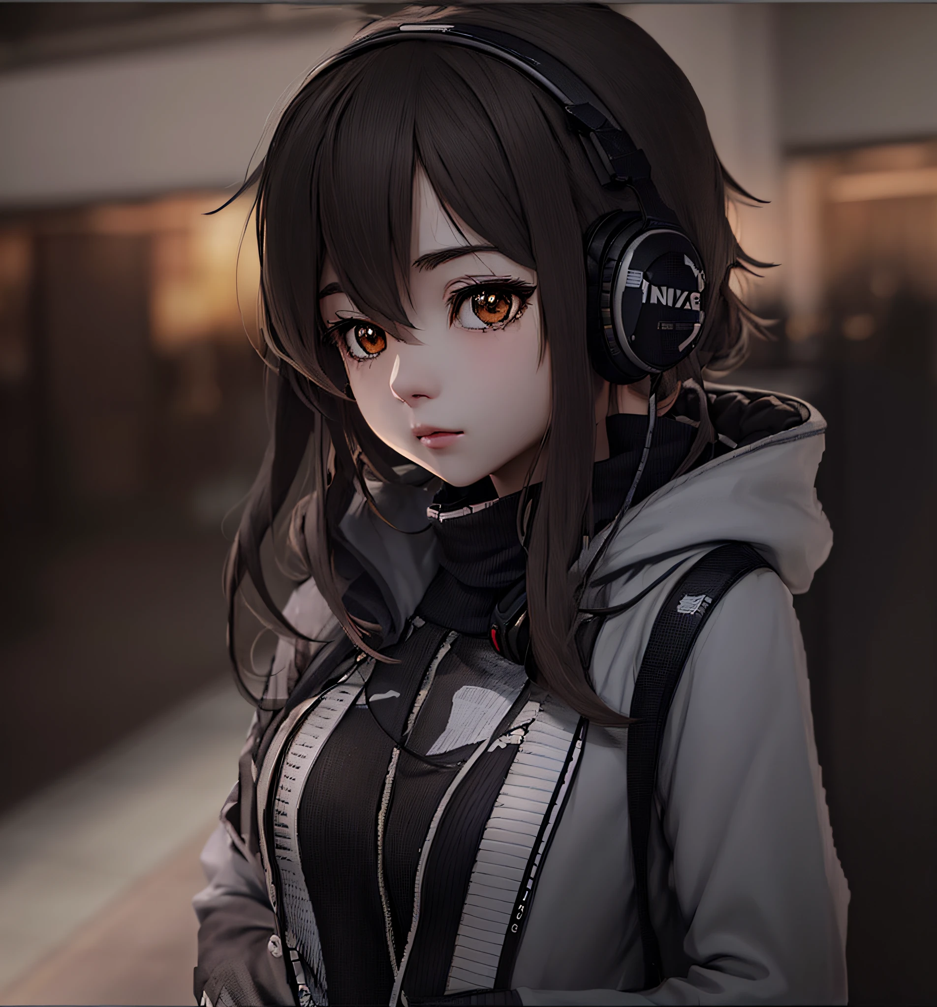 A woman with headphones and a jacket stands, meninas estilo linha de frente, night core, anime estilo 3d, de meninas da linha de frente, arte anime de alta qualidade, Guweiz, estilo anime. 8k, Garota de anime cyberpunk com capuz, anime moe artstyle, Arte no estilo de Guweiz, menina anime jovem realista, Universo Girls Frontline, uma garota de anime