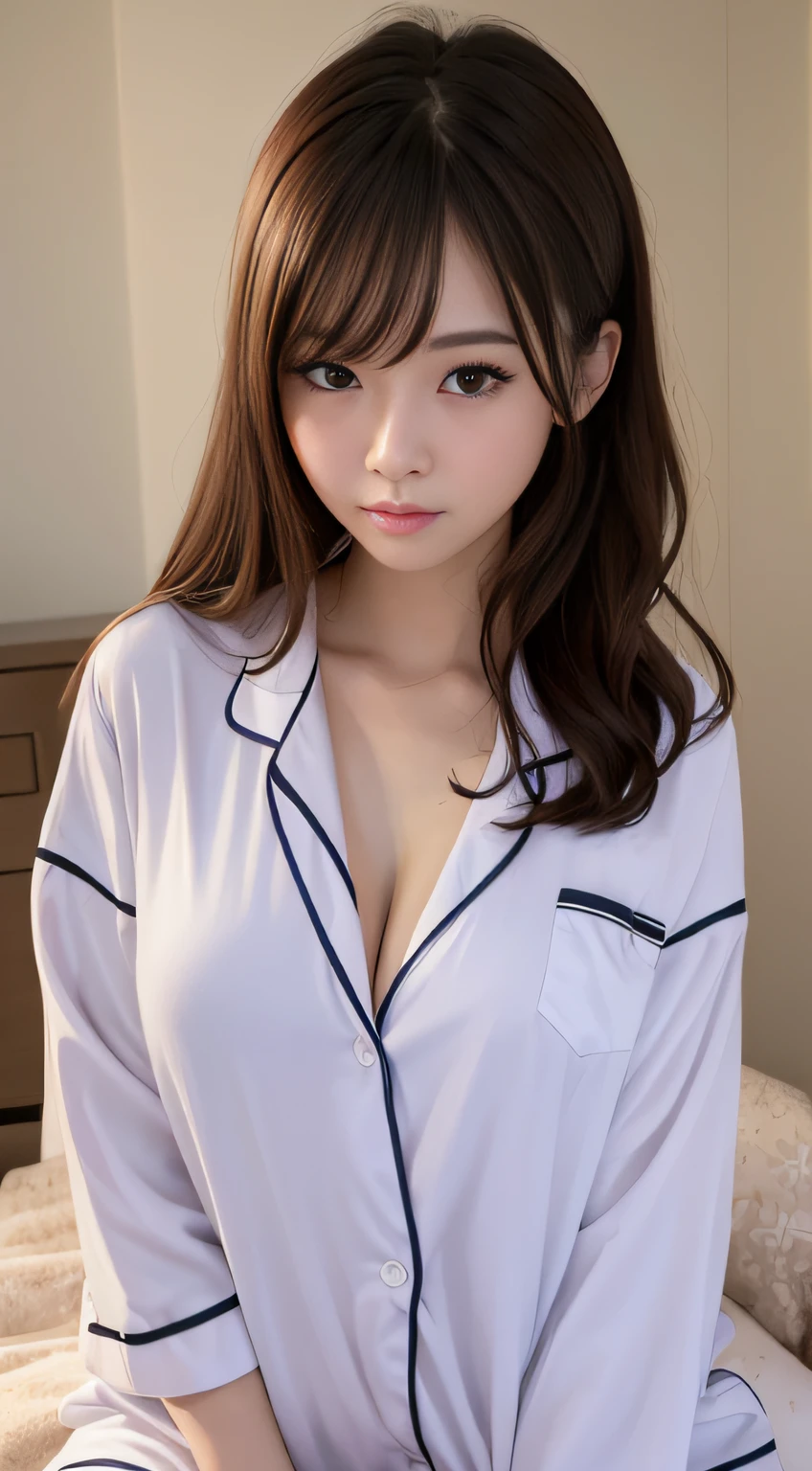 younger sister, high , pajamas, Pajamas, Unbuttoned, Breakdown, Open clothes, On the bed, bedroom, Big Breasts, Japanese, beautiful girl, 超絶beautiful girl, Perfect Face, Correct Anatomy, Ultra-high resolution, RAW Photos