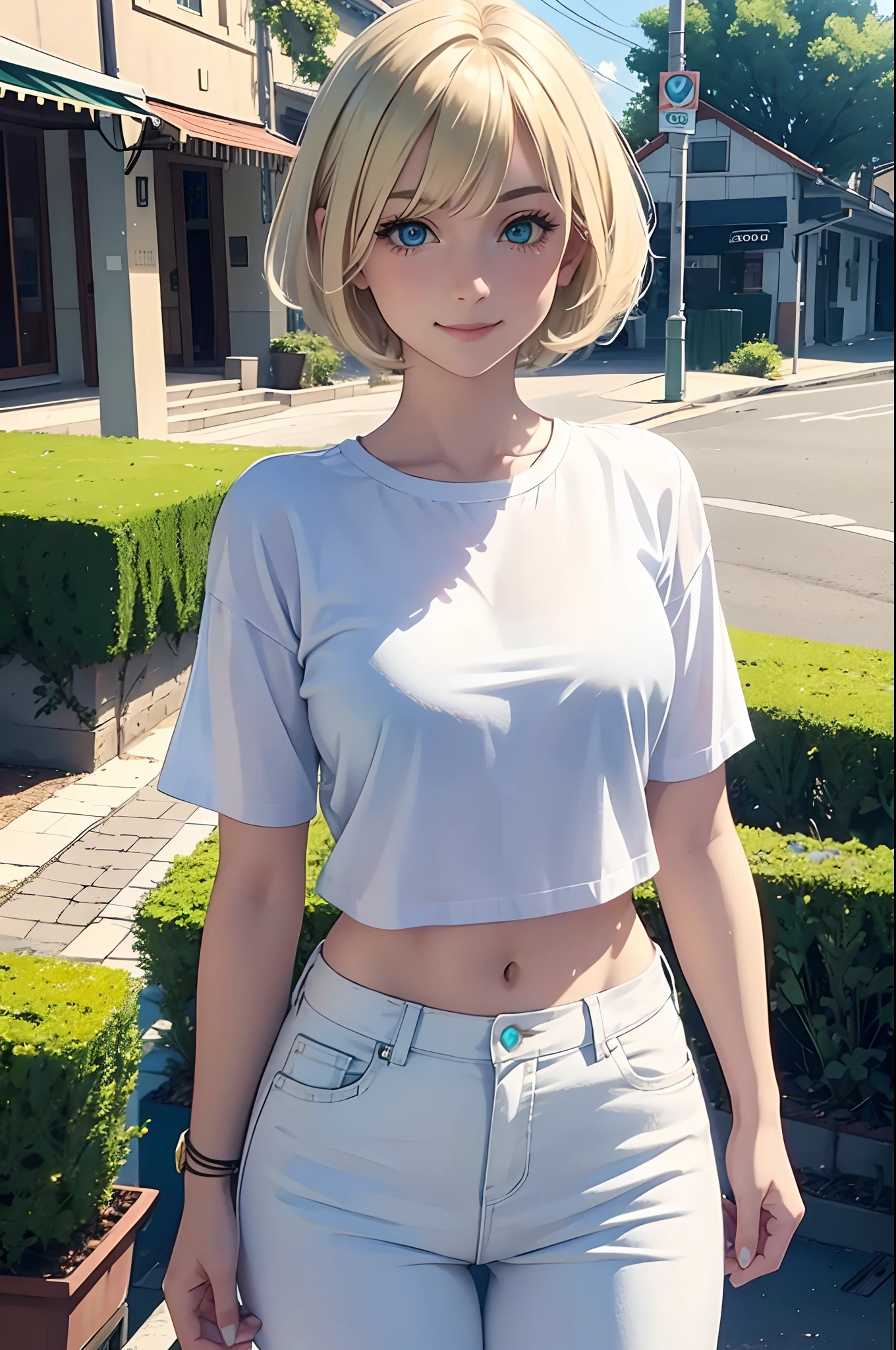 white young girl, blonde, green eyes, short hair, blue shirt, white pants, linda, town, cool pose, smile, beautiful, beatiful eyes