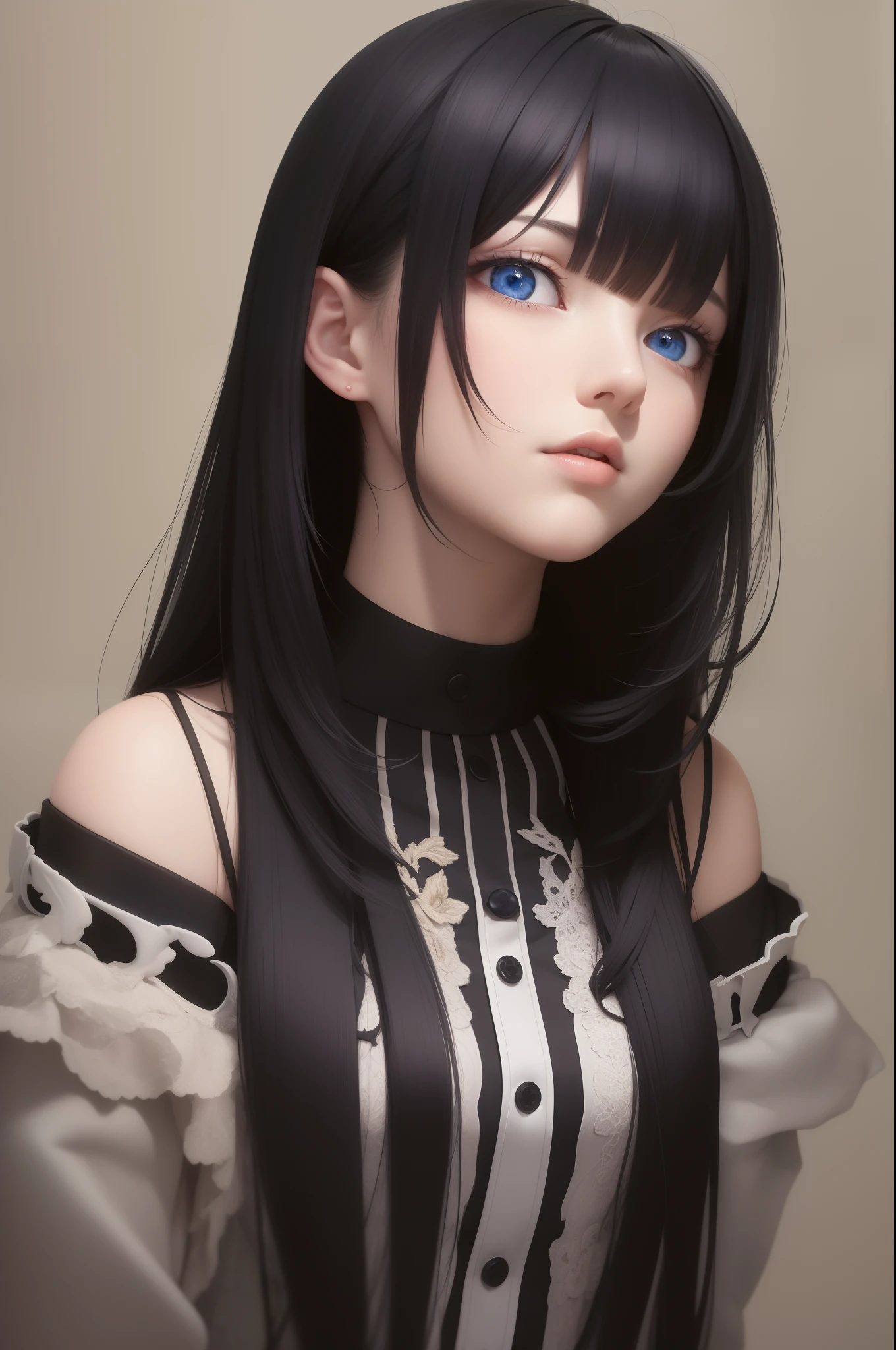 best quality, masterpiece,Black hair, blue eyes, looking up, upper body
