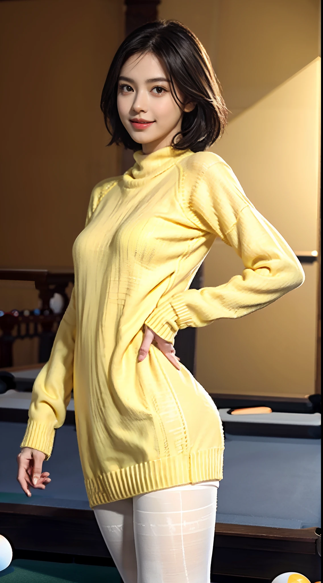 (shoulder length straight short black hair:0.8), （Extremely meticulous CG 8k wallpaper），（Extremely refined and beautiful），（Masterpiece），（best qualtiy：1.0），（Ultra High Resolution：1.0），beautiful light up，Perfect lightning，realistic shaded，[A high resolution]，Smooth and flawless fair skin，Extremely exquisite facial details,(perfect body:1.1），ultra - detailed,A beautiful girl,small head,(Small breasts:1.1),Flat chests,slim,thin,Smile,cheerfulness,(yellow sweater dress:1.5),(white pantyhose:1.4),standing,(In billiards hall:1.5),bright lights,Portrait photo,from side,cowboy shot,full body