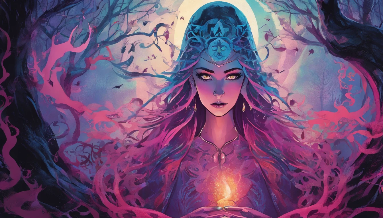 (a blue-haired demon woman,spells:1.1,glowing:1.1)(illustration)(best quality,ultra-detailed,realistic:1.37),demonic witch(demonic:1.1)(magic:1.1)(forest)(dark and mysterious,ominous atmosphere),casting powerful spells,creating magical energy(magic:1.1),vibrant pink hair(swirling pink hair)(flowing pink hair),horns(devil horns:1.1),piercing red eyes,enchanted scepter(magical scepter),elaborate dark robe,glowing magical sigils,fiery embers swirling(magical embers:1.1)(glowing embers),magical aura(glowing aura),eerie shadows,otherworldly presence(presence),sinister smile,nightfall in the background(dark night:1.1)(moonlit forest),lush and dense foliage(twisted trees)(mystical plants:1.1),mystical particles(swirling particles)(floating particles),ethereal glow(ethereal:1.1)(soft glow),faint moonlight breaking through the trees,haunting and captivating(scary atmosphere),bewitching beauty,wide range of colors(vivid colors)(contrasting colors),mystical realm,impressive details,dynamic composition,mesmerizing artwork,photorealistic style(picasso style),impressive shading and lighting,explosive energy,magical atmosphere(fantasy atmosphere),dreamlike scene