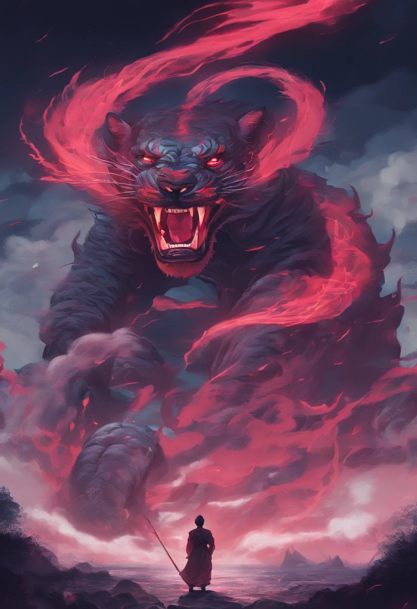 dream colors,tmasterpiece,the detail,film effect,（（Rich in color))，mito，An evil creature, Snake body，Sheep horns，A monkey head，Shiny hair，manticore，Rush to the audience,Line，