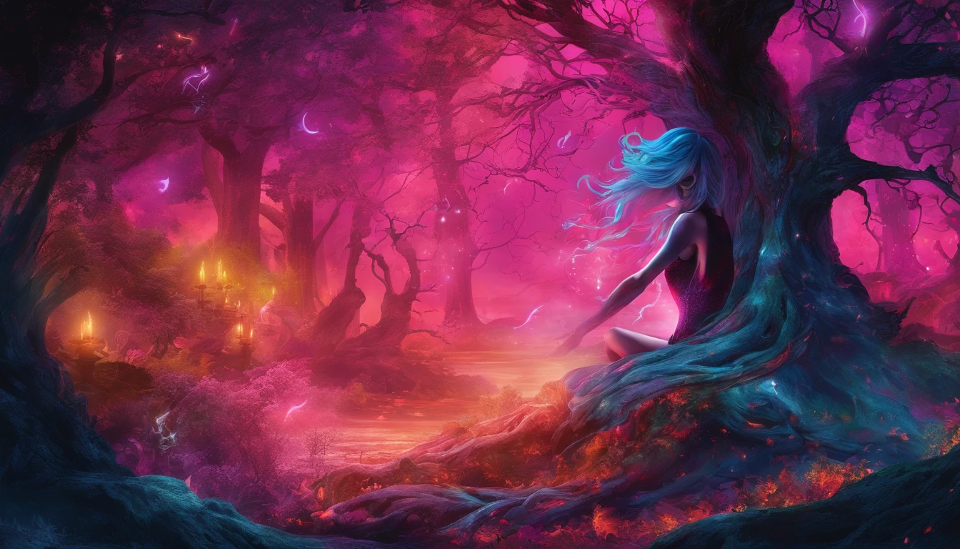 (a blue-haired demon woman,spells:1.1,glowing:1.1)(illustration)(best quality,ultra-detailed,realistic:1.37),demonic witch(demonic:1.1)(magic:1.1)(forest)(dark and mysterious,ominous atmosphere),casting powerful spells,creating magical energy(magic:1.1),vibrant pink hair(swirling pink hair)(flowing pink hair),horns(devil horns:1.1),piercing red eyes,enchanted scepter(magical scepter),elaborate dark robe,glowing magical sigils,fiery embers swirling(magical embers:1.1)(glowing embers),magical aura(glowing aura),eerie shadows,otherworldly presence(presence),sinister smile,nightfall in the background(dark night:1.1)(moonlit forest),lush and dense foliage(twisted trees)(mystical plants:1.1),mystical particles(swirling particles)(floating particles),ethereal glow(ethereal:1.1)(soft glow),faint moonlight breaking through the trees,haunting and captivating(scary atmosphere),bewitching beauty,wide range of colors(vivid colors)(contrasting colors),mystical realm,impressive details,dynamic composition,mesmerizing artwork,photorealistic style(picasso style),impressive shading and lighting,explosive energy,magical atmosphere(fantasy atmosphere),dreamlike scene