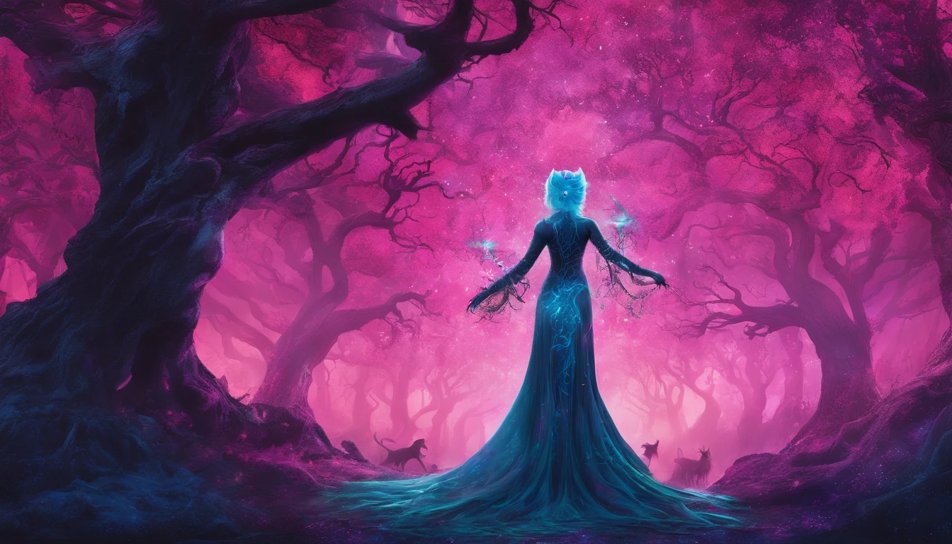 (a blue-haired demon woman,spells:1.1,glowing:1.1)(illustration)(best quality,ultra-detailed,realistic:1.37),demonic witch(demonic:1.1)(magic:1.1)(forest)(dark and mysterious,ominous atmosphere),casting powerful spells,creating magical energy(magic:1.1),vibrant pink hair(swirling pink hair)(flowing pink hair),horns(devil horns:1.1),piercing red eyes,enchanted scepter(magical scepter),elaborate dark robe,glowing magical sigils,fiery embers swirling(magical embers:1.1)(glowing embers),magical aura(glowing aura),eerie shadows,otherworldly presence(presence),sinister smile,nightfall in the background(dark night:1.1)(moonlit forest),lush and dense foliage(twisted trees)(mystical plants:1.1),mystical particles(swirling particles)(floating particles),ethereal glow(ethereal:1.1)(soft glow),faint moonlight breaking through the trees,haunting and captivating(scary atmosphere),bewitching beauty,wide range of colors(vivid colors)(contrasting colors),mystical realm,impressive details,dynamic composition,mesmerizing artwork,photorealistic style(picasso style),impressive shading and lighting,explosive energy,magical atmosphere(fantasy atmosphere),dreamlike scene