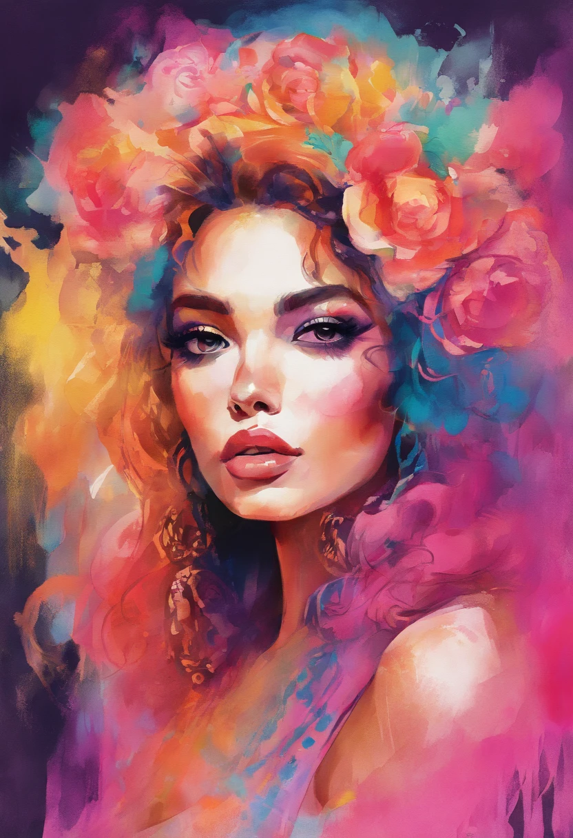 Portrait of Mexican woman wearing fashionable neons.   Full lips. Neon makeup.  Big curly hair.  1980s fashion. Highly detailed, ultra high definition. 80s vibe, 2d vector illustration portrait,  beautiful,  vibrant,  digital art, beautiful watercolor painting,  realistic,  detailed,  painting by olga shvartsur,  svetlana novikova,  fine art,  soft watercolor
Nudity. Nipples. Crossed eyes.