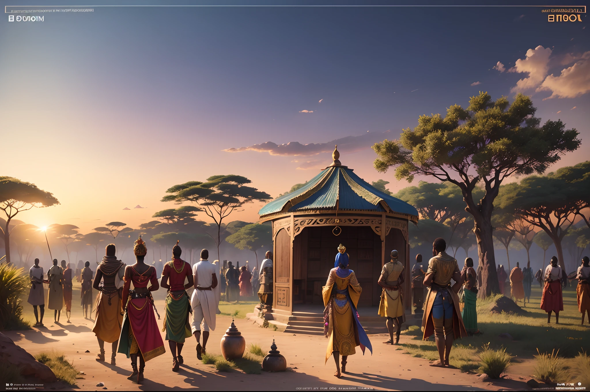 An African kingdom of the 19th century full of African people, African markets, vegetation, African sculptures,  beautiful sunrise shining, with beautiful iridescent light, artgerm style, 32k, ultra HD, unreal engine rendered, hyper-realistic image --auto --s2