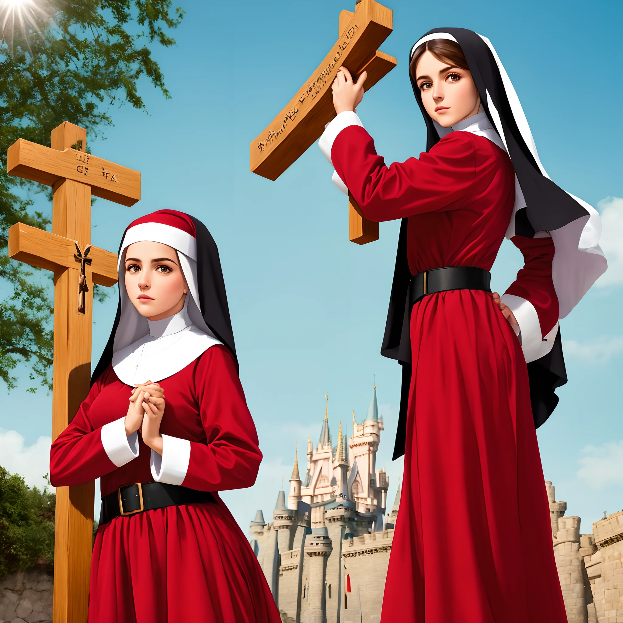 Create Santa Rita de Cássia in pixar character form/disney, She's a young woman in a nun's outfit, com um espinho na testa, Holding a cross with both hands. Make it as realistic as possible