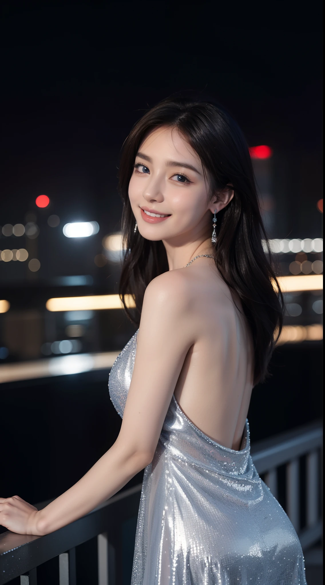8k, masterpiece, RAW photo, best quality, photorealistic, extremely detailed CG unity 8k wallpaper, Depth of field, Cinematic Light, Lens Flare, Ray tracing, (extremely beautiful face, beautiful lips, beautiful eyes), intricate detail face, ((ultra detailed skin)) 1girl, in the dark, deep shadow, pretty asian girl, ((looking at viewer)),(big smile), (blurry background), midnight, (pretty girl), earrings, bracelets, necklace, clear eyes, (pale skin), face forward, (big eyes), (looking at viewer), large breasts ,((smile)), rooftop, dim lights, ((night)), cityscape, blue eyes, sparkling dress, , mini dress, very short red dress, open breast, veranda, very slim, (medium butt), see through dress, thick thighs, open breast
