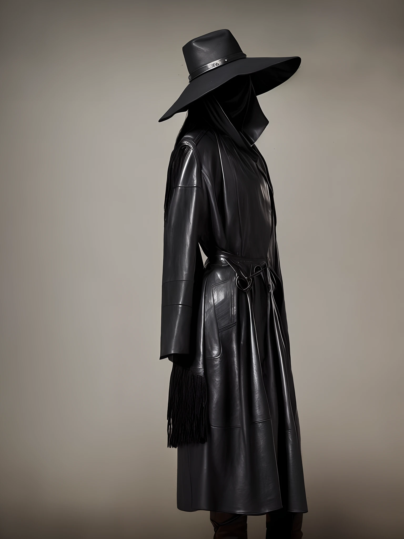 A black hat, covered with a thick black veil hanging from under the shim, almost invisible, beyond that is a silhouette, a black suit, black leather gloves and black leather long boots, a woman with long black hair