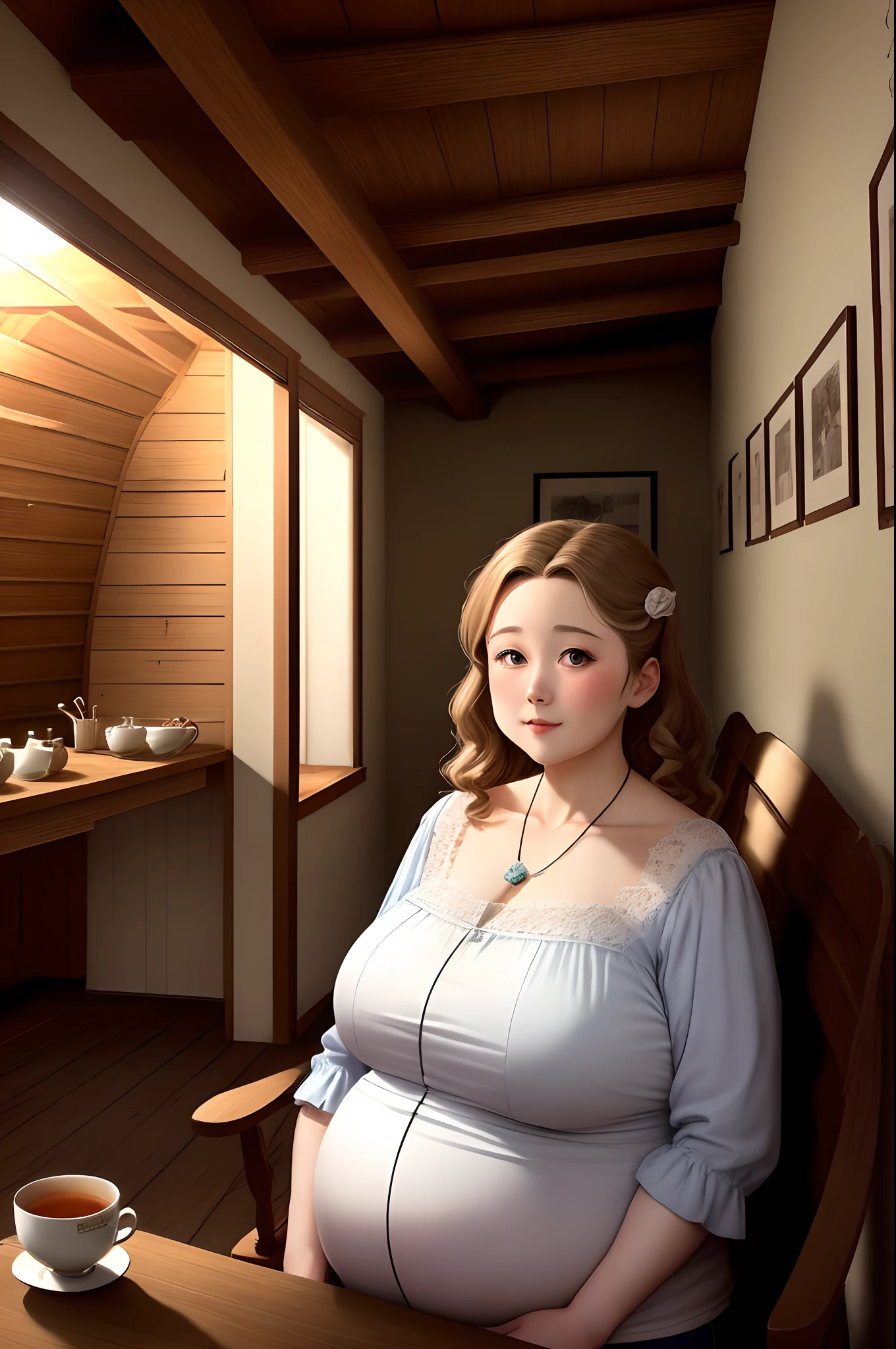 Aoyama background,In an old-fashioned attic building,A beautiful woman holding a hairpin is sipping tea,But the shadow on the attic wall is fat