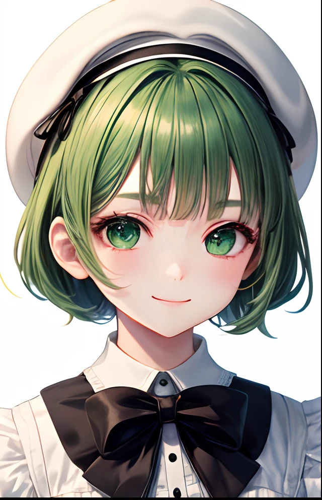 girl with、No background、without background、Background through、Green hair、Green hair、short-cut、bob cuts、Subject bangs、Aligned bangs、Sareme、drooping eyebrows、Green eyes、Green eyes、White uniform、White Lolita Fashion、Onepiece、beret、White beret、Striped ribbon、A smile、kawaii、without background