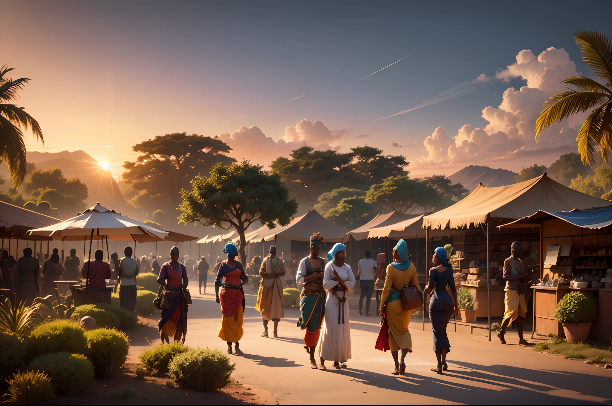 An African kingdom of the 19th century full of African people, African markets, vegetation, African sculptures, beautiful sunrise shining, with beautiful iridescent light, artgerm style, 32k, ultra HD, unreal engine rendered, hyper-realistic image --auto --s2
