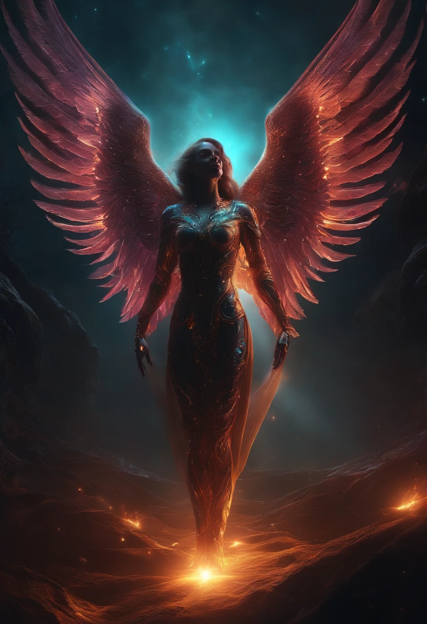 Fallen Angels of the Universe, glowing light eyes, biomechanical, eery, creepy, nightmarish, Very bright colors, light Particle, with light glowing, Musif, Wallpaper Art, UHD Wallpapers