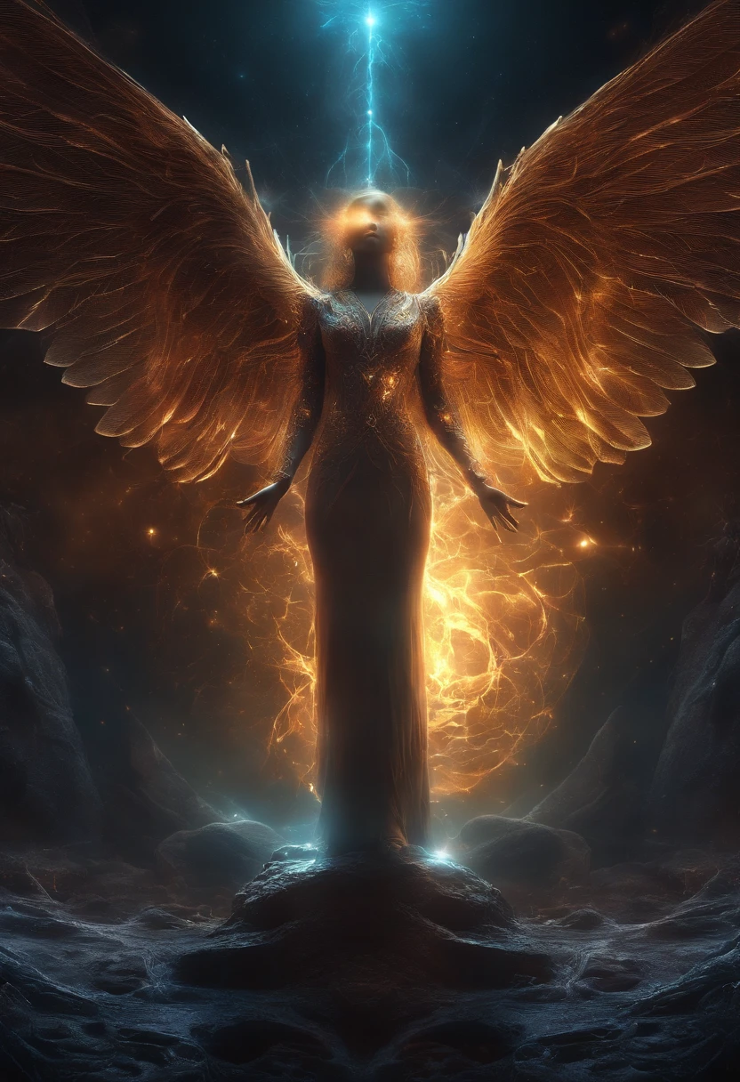 Fallen Angels of the Universe, glowing light eyes, biomechanical, eery, creepy, nightmarish, Very bright colors, light Particle, with light glowing, Musif, Wallpaper Art, UHD Wallpapers