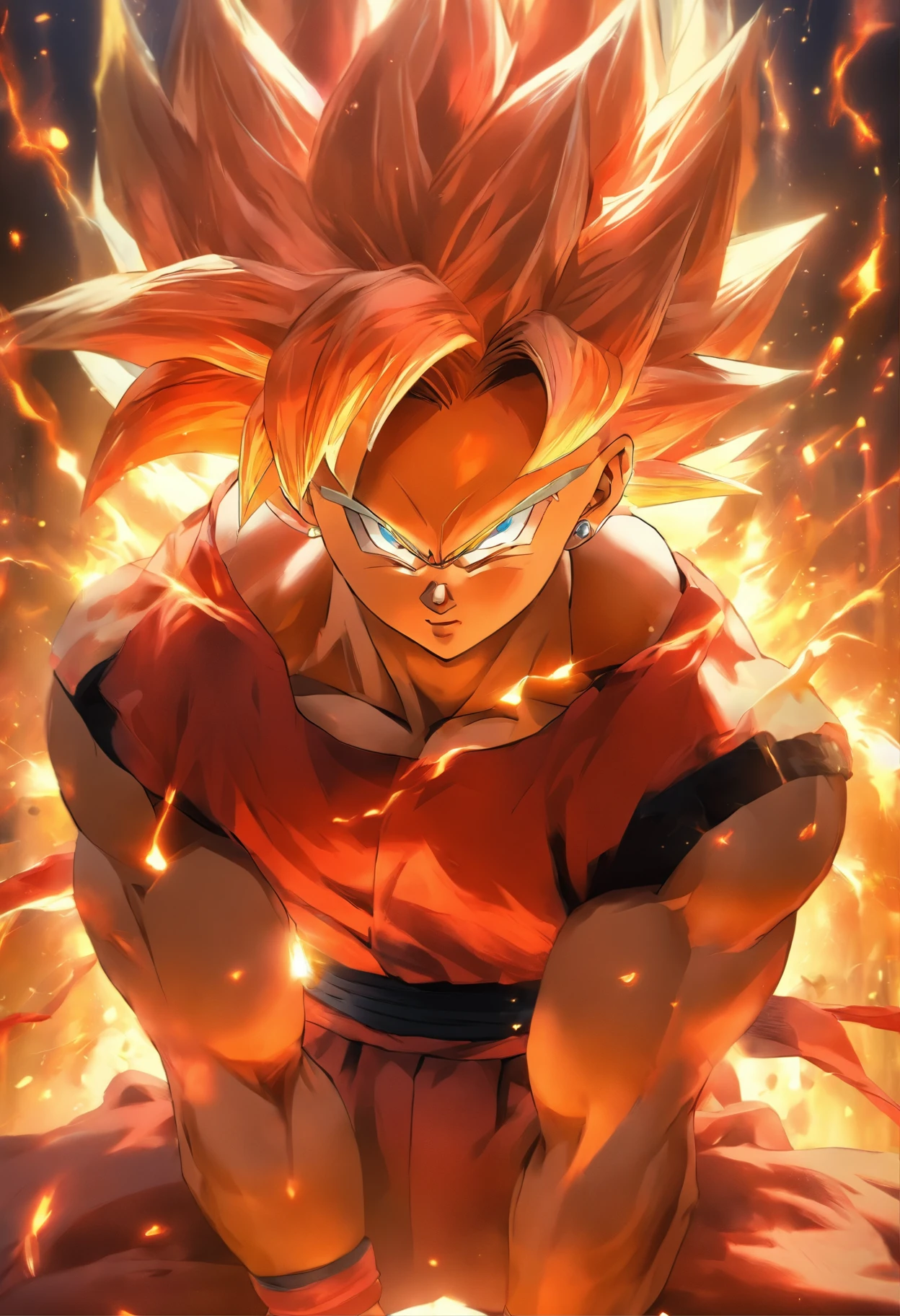 One Boy,Cool Boy, Young boy,Male body,macho, ,super saiyan3, Red Jockstrap,toppless, Sweat vapor, embarrassed,blush,Parted lips, Kneeling,Arms behind your head, Full body, Bondage,BDSM, Collar,noose,chain, Crow Stage,stage.head shot