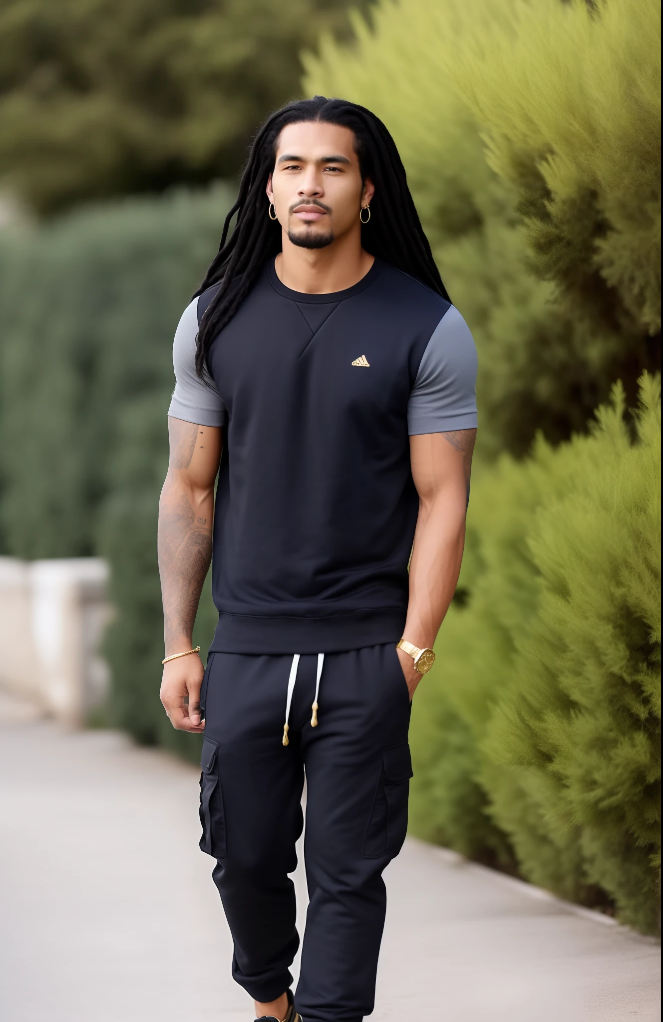 (Sure, I'll try to describe him. Akecheta is a 6'7 black and indigenous man, who has long black hair and green eyes. His facial hair is stubble, and he has a burn scar across the left side of his face. He's built like a tall, muscular man, who is very intimidating to most. His clothes are usually quite casual, and his outfits are very comfortable. He usually wears things like plain sweatshirts or t-shirts, paired with cargo pants. He usually has a small gold earring that matches with his gold rings.)