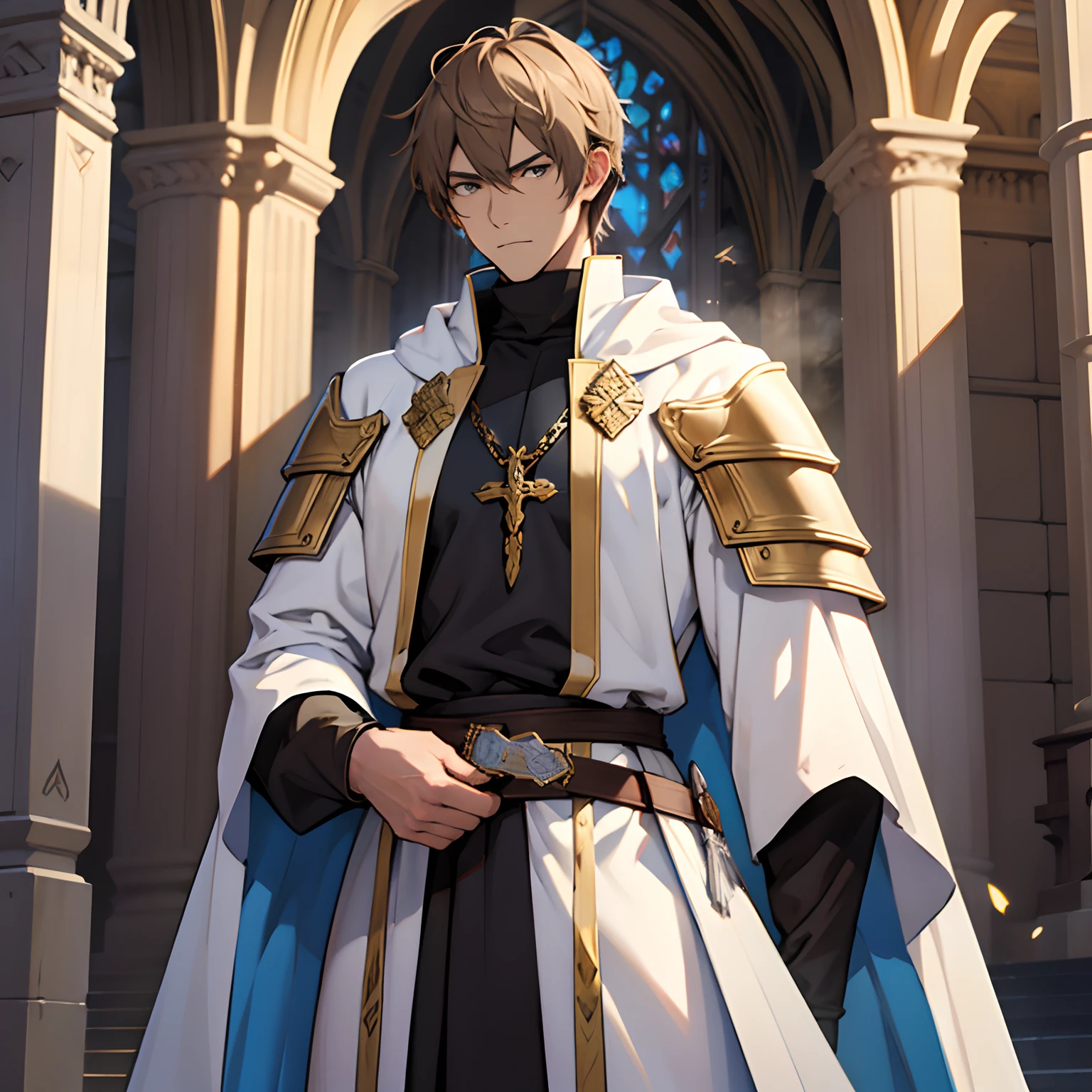 male in his 20s、light brown hair、Paladin、clergyman、Holding a great sword、White monastic vestments、plate armor、Cool、skinny、cold stare、strong con、sacredness、pure