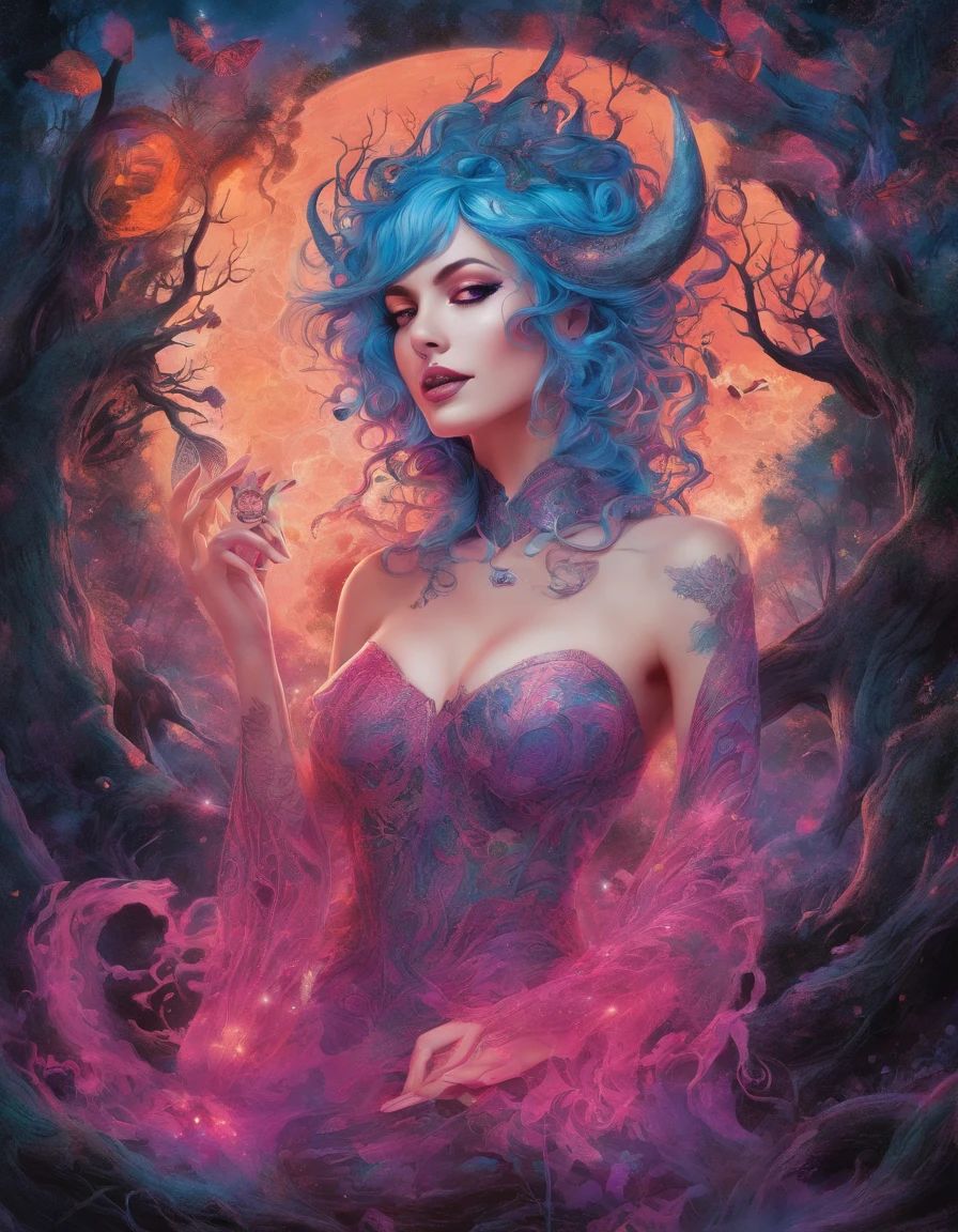 (a blue-haired demon woman,spells:1.1,glowing:1.1)(illustration)(best quality,ultra-detailed,realistic:1.37),demonic witch(demonic:1.1)(magic:1.1)(forest)(dark and mysterious,ominous atmosphere),casting powerful spells,creating magical energy(magic:1.1),vibrant pink hair(swirling pink hair)(flowing pink hair),horns(devil horns:1.1),piercing red eyes,enchanted scepter(magical scepter),elaborate dark robe,glowing magical sigils,fiery embers swirling(magical embers:1.1)(glowing embers),magical aura(glowing aura),eerie shadows,otherworldly presence(presence),sinister smile,nightfall in the background(dark night:1.1)(moonlit forest),lush and dense foliage(twisted trees)(mystical plants:1.1),mystical particles(swirling particles)(floating particles),ethereal glow(ethereal:1.1)(soft glow),faint moonlight breaking through the trees,haunting and captivating(scary atmosphere),bewitching beauty,wide range of colors(vivid colors)(contrasting colors),mystical realm,impressive details,dynamic composition,mesmerizing artwork,photorealistic style(picasso style),impressive shading and lighting,explosive energy,magical atmosphere(fantasy atmosphere),dreamlike scene