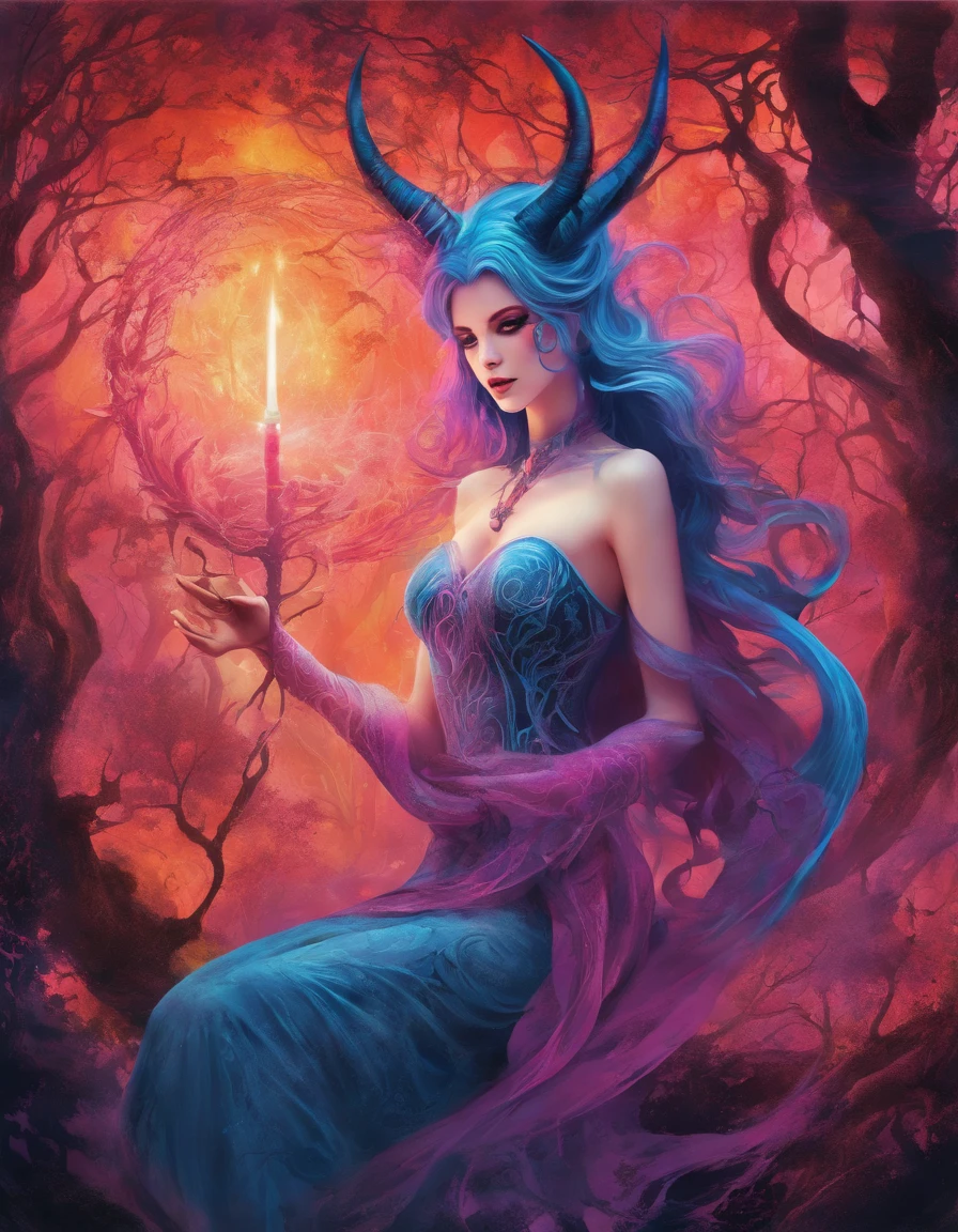 (a blue-haired demon woman,spells:1.1,glowing:1.1)(illustration)(best quality,ultra-detailed,realistic:1.37),demonic witch(demonic:1.1)(magic:1.1)(forest)(dark and mysterious,ominous atmosphere),casting powerful spells,creating magical energy(magic:1.1),vibrant pink hair(swirling pink hair)(flowing pink hair),horns(devil horns:1.1),piercing red eyes,enchanted scepter(magical scepter),elaborate dark robe,glowing magical sigils,fiery embers swirling(magical embers:1.1)(glowing embers),magical aura(glowing aura),eerie shadows,otherworldly presence(presence),sinister smile,nightfall in the background(dark night:1.1)(moonlit forest),lush and dense foliage(twisted trees)(mystical plants:1.1),mystical particles(swirling particles)(floating particles),ethereal glow(ethereal:1.1)(soft glow),faint moonlight breaking through the trees,haunting and captivating(scary atmosphere),bewitching beauty,wide range of colors(vivid colors)(contrasting colors),mystical realm,impressive details,dynamic composition,mesmerizing artwork,photorealistic style(picasso style),impressive shading and lighting,explosive energy,magical atmosphere(fantasy atmosphere),dreamlike scene