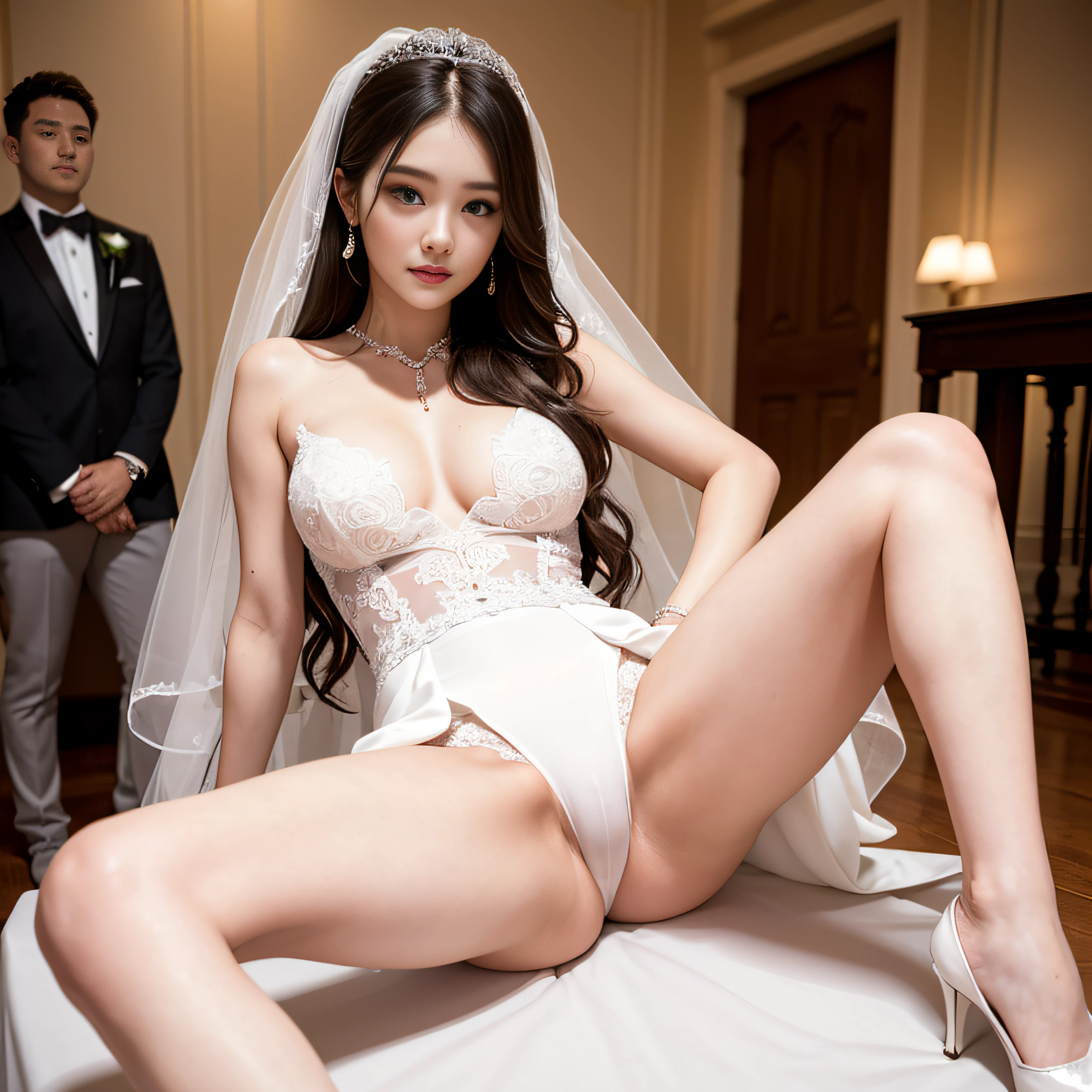 (1 female)、(one male individual:1.1)、(Super beautiful)、(beauitful face:1.5)、(A detailed face:1.4)、(The bridegroom spreads the bride's legs:1.3)、(White panties are visible)、(The groom touches the bride's crotch)、(Bride sitting on a chair at the reception)、(She is wearing a prom dress with a miniskirt)、(The bridegroom in a white suit:1.2)、(Bare legs)、(At SFW)