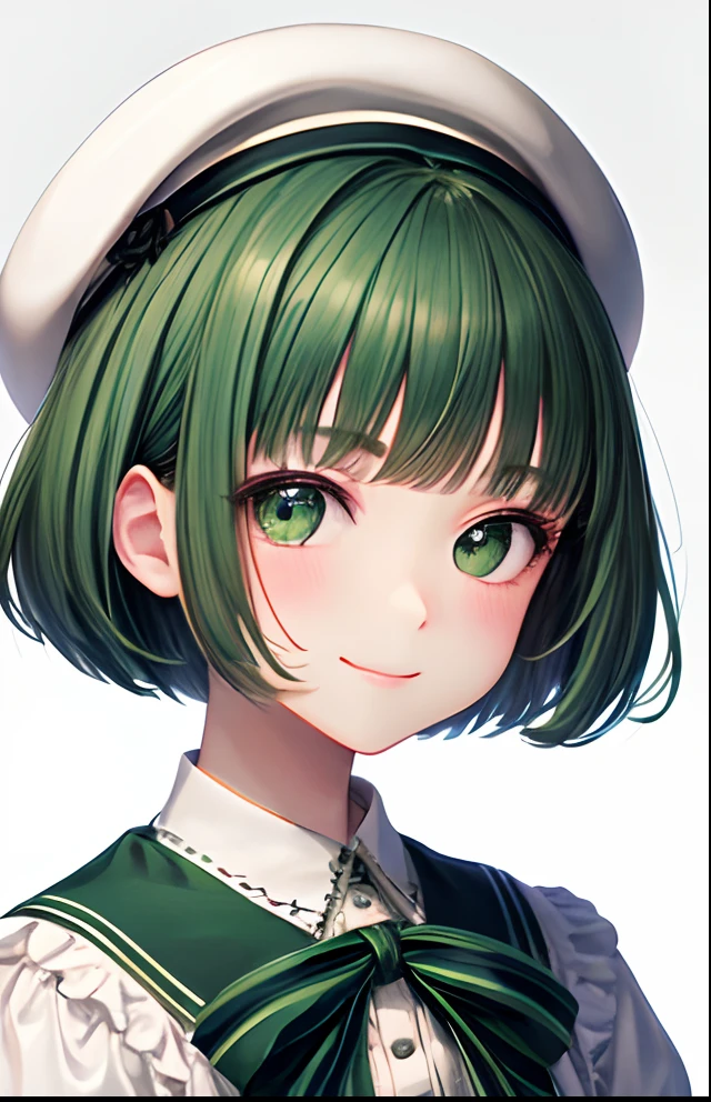 girl with、No background、without background、Background through、Green hair、Green hair、short-cut、bob cuts、Subject bangs、Aligned bangs、Sareme、drooping eyebrows、Green eyes、Green eyes、White uniform、White ta Fashion、Onepiece、beret、White beret、Striped ribbon、A smile、kawaii、without background
