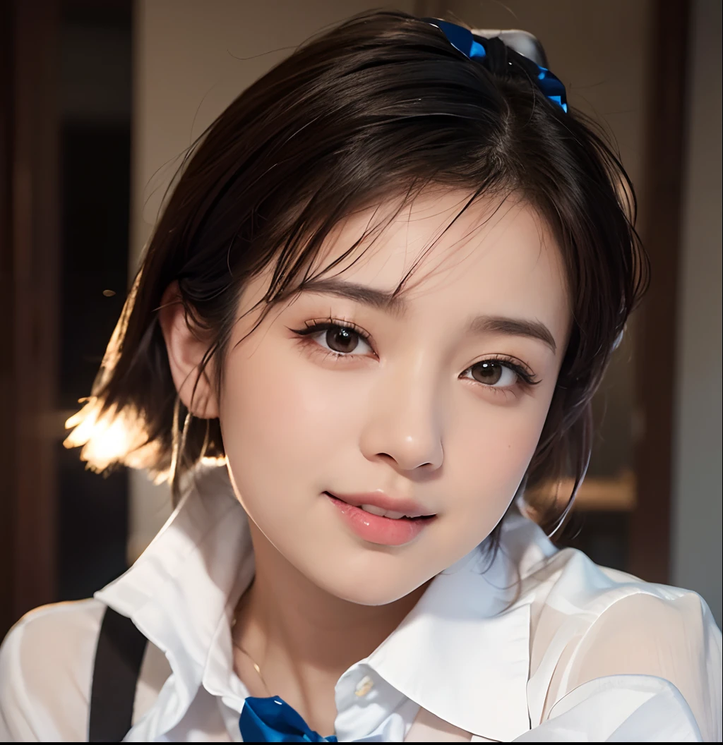 (8K, Raw photo, Best Quality, masutepiece: 1.2), (Realistic, Photorealsitic: 1.37), Ultra-detailed, 1 girl, Cute, Solo, Beautiful detailed sky, Sitting, (Flushed nose), (Smile: 1.1), (Mouth closed), medium breasts, Beautiful detailed eyes, (Collared shirt: 1.1), a bow tie, Pleated skirt, (Short hair: 1.2), Long hair,
