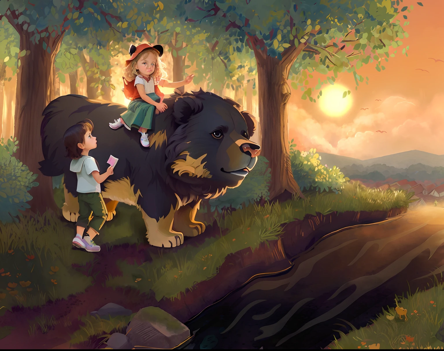 Cartoon of a  girl riding a bear in a forest with a boy in it, epic full color illustration, kids book illustration, kids book illustration, kids book illustration, kids book illustration, kids book illustration, story book illustration, kids book illustration, Full color illustration, Arte infantil en ArtStation, cute storybook illustration, por Marshall Arisman, childrens illustration